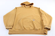Carhartt Logo Patch Yellow Spellout Pullover Hoodie - ThriftedThreads.com