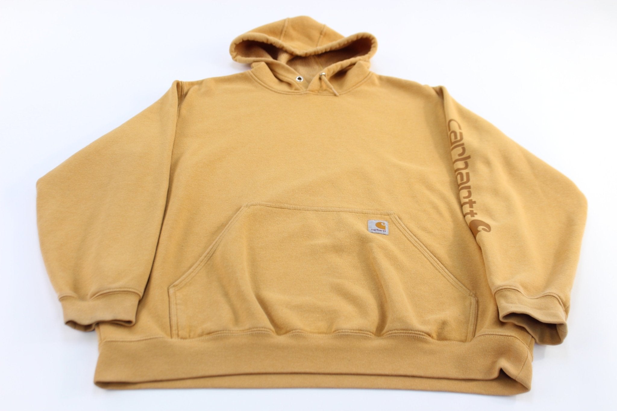 Carhartt Logo Patch Yellow Spellout Pullover Hoodie - ThriftedThreads.com