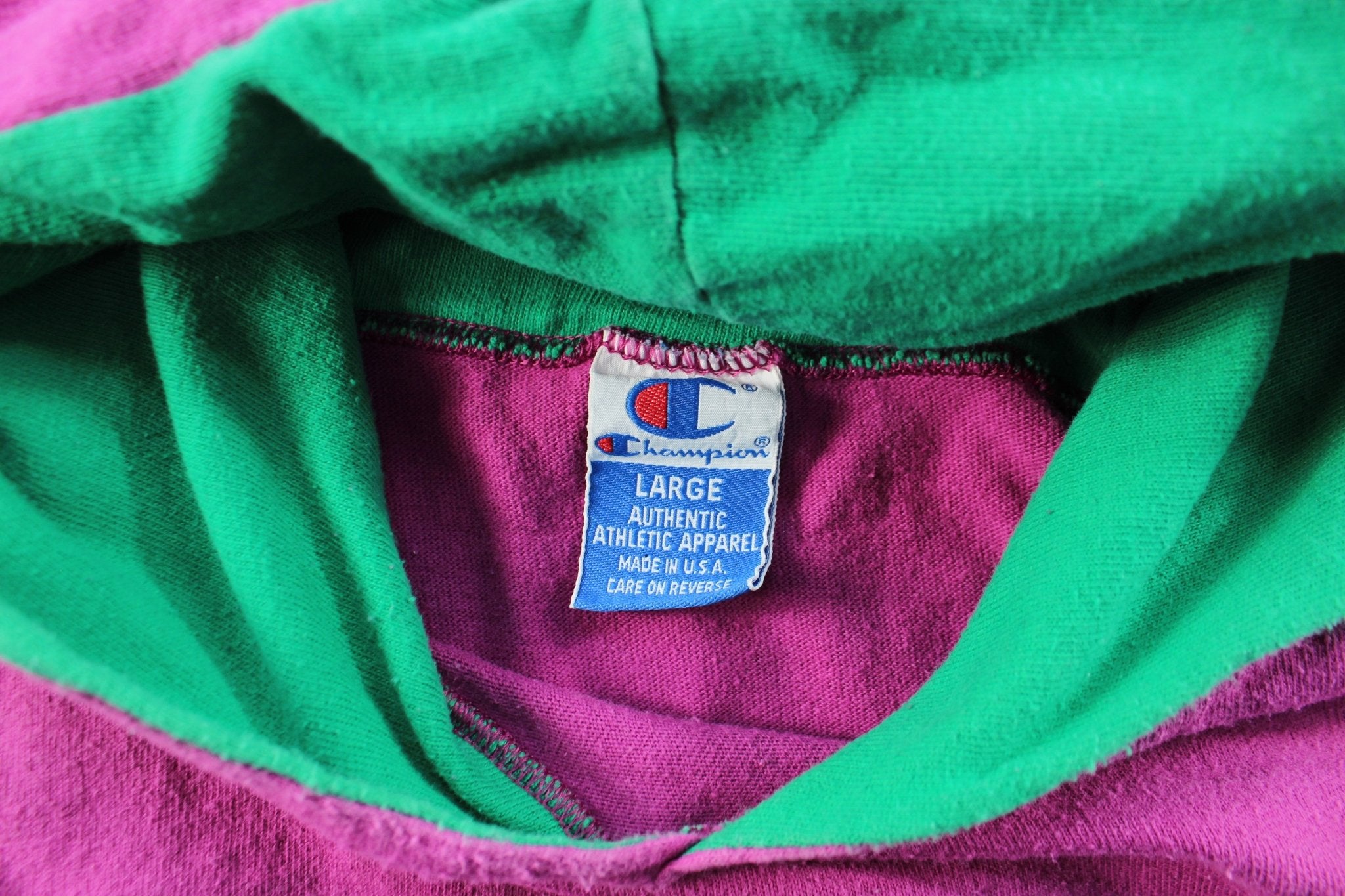 Champion Embroidered Logo Pink & Green Pullover Hoodie - ThriftedThreads.com