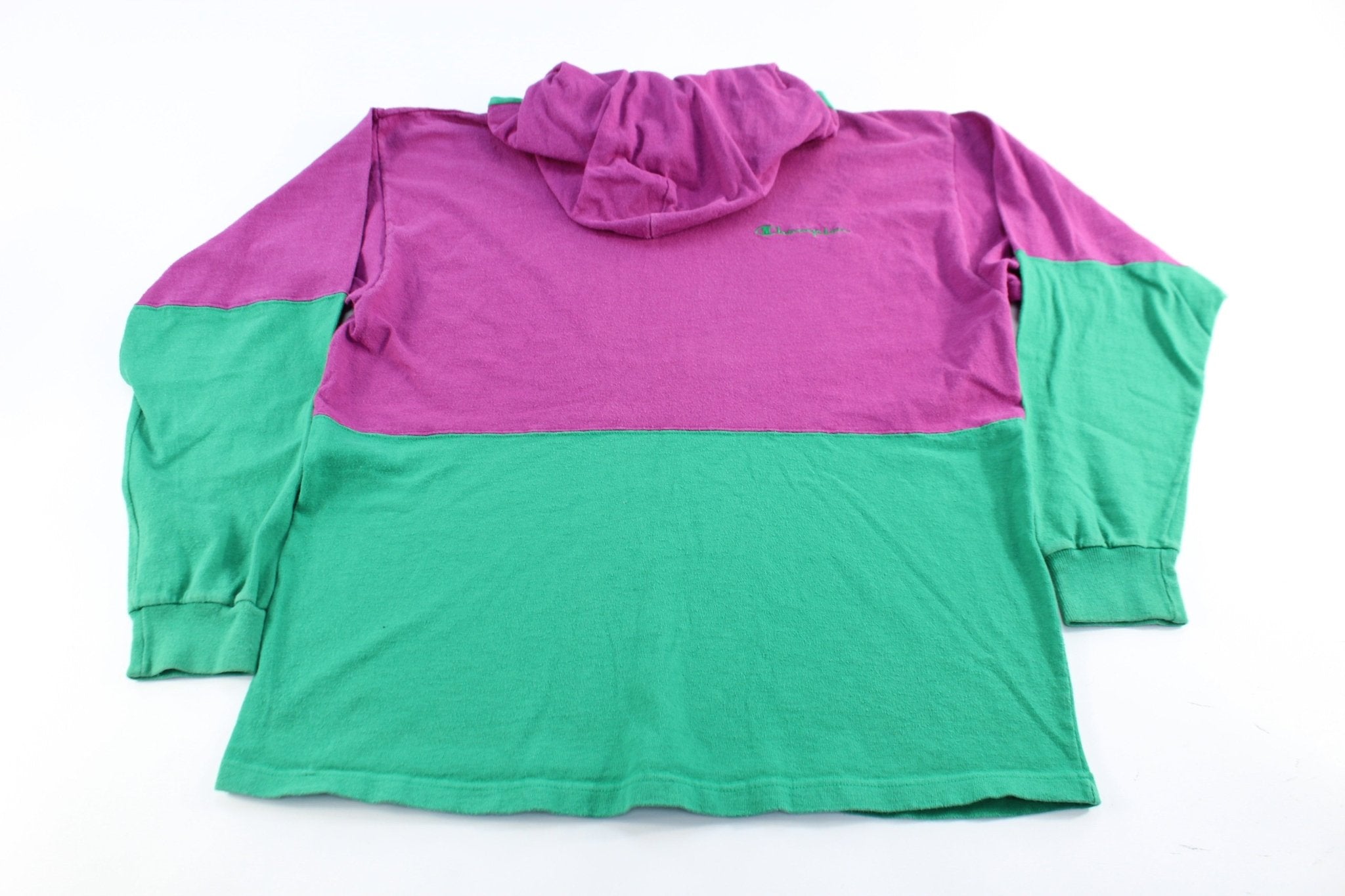 Champion Embroidered Logo Pink & Green Pullover Hoodie - ThriftedThreads.com