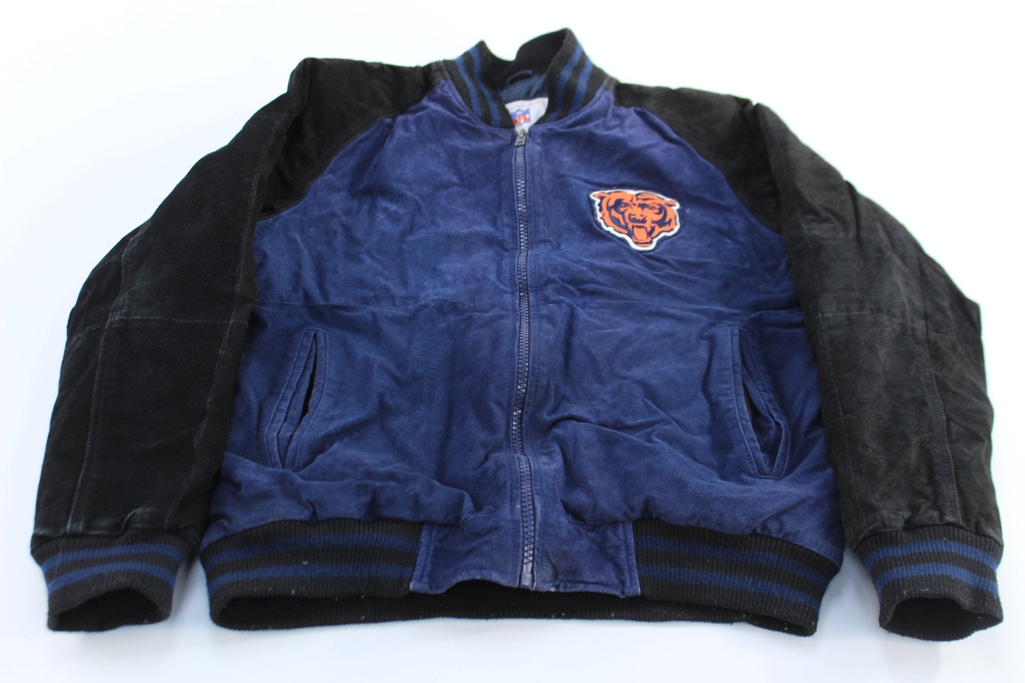Chicago Bears Football Embroidered Suede Zip Up Jacket - ThriftedThreads.com