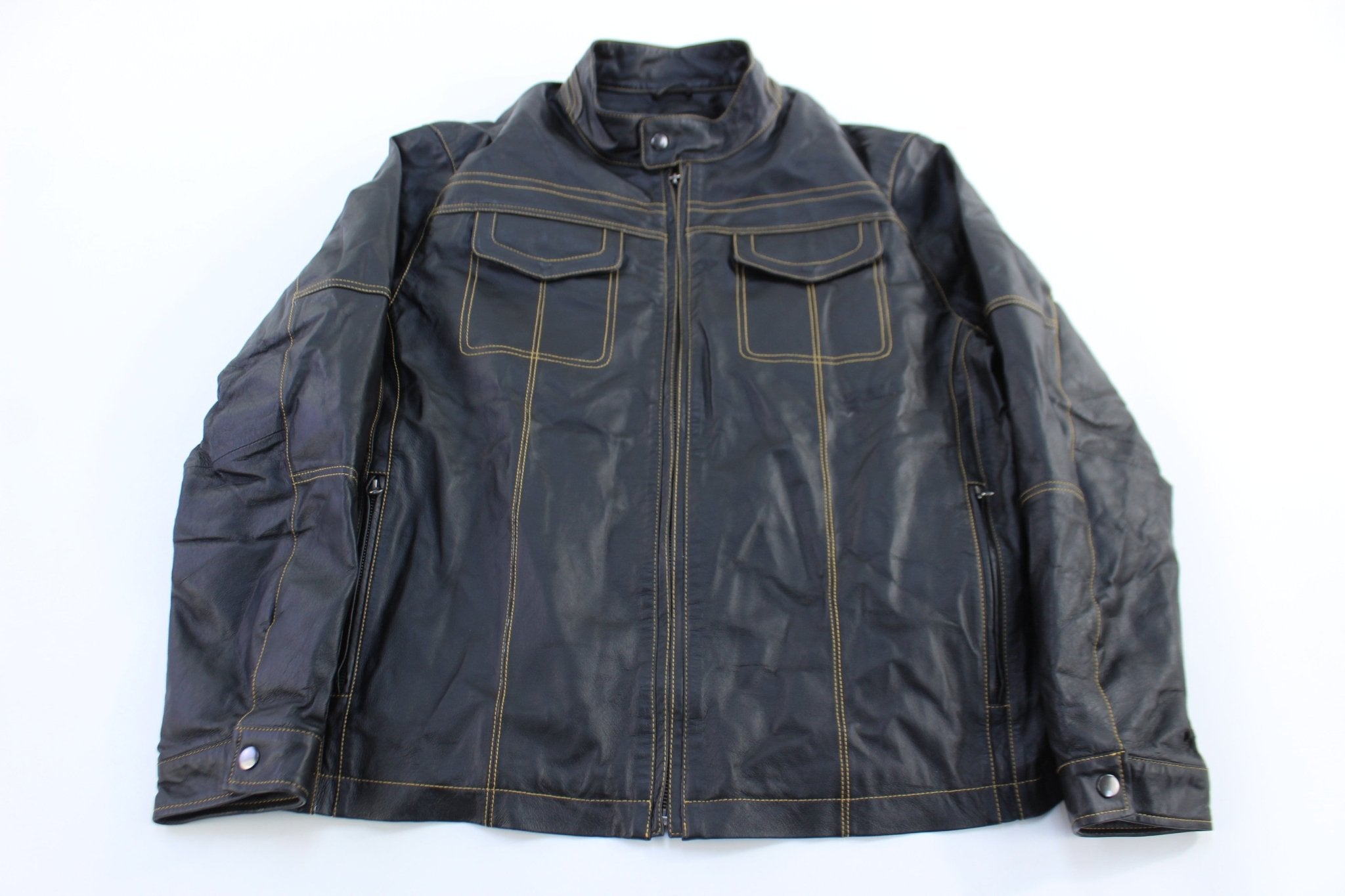 Cruzer Black & Yellow Full Zip Leather Jacket - ThriftedThreads.com
