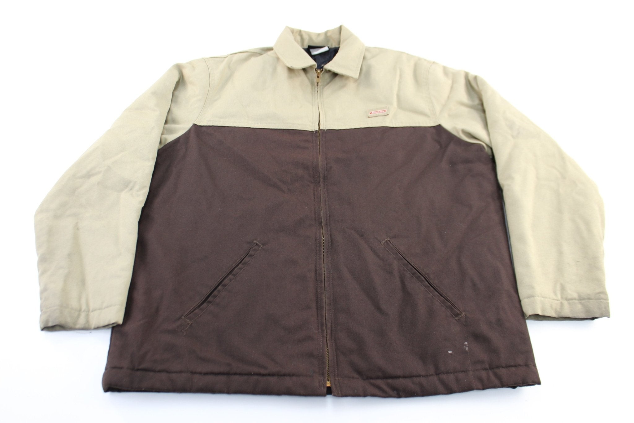 Dickie's Logo Patch Brown & Tan Zip Up Jacket - ThriftedThreads.com