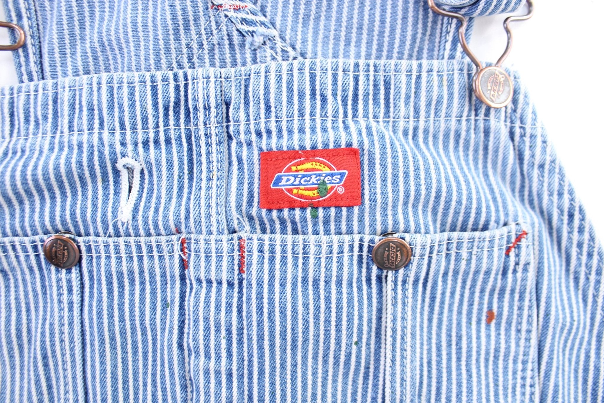 Dickie's Logo Patch Striped Overalls - ThriftedThreads.com