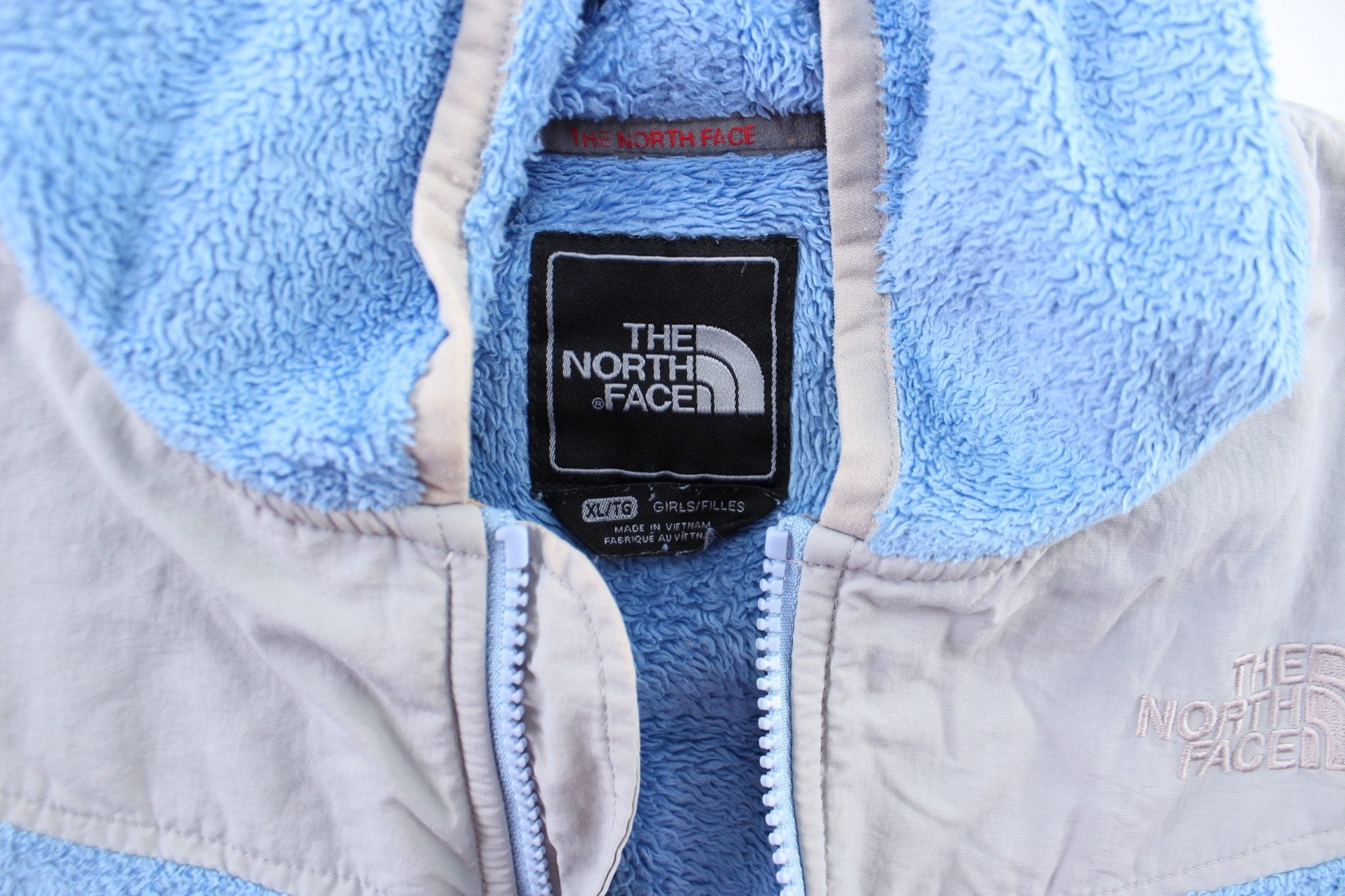 Girls The North Face Embroidered Logo Blue & Grey Zip Up Jacket - ThriftedThreads.com