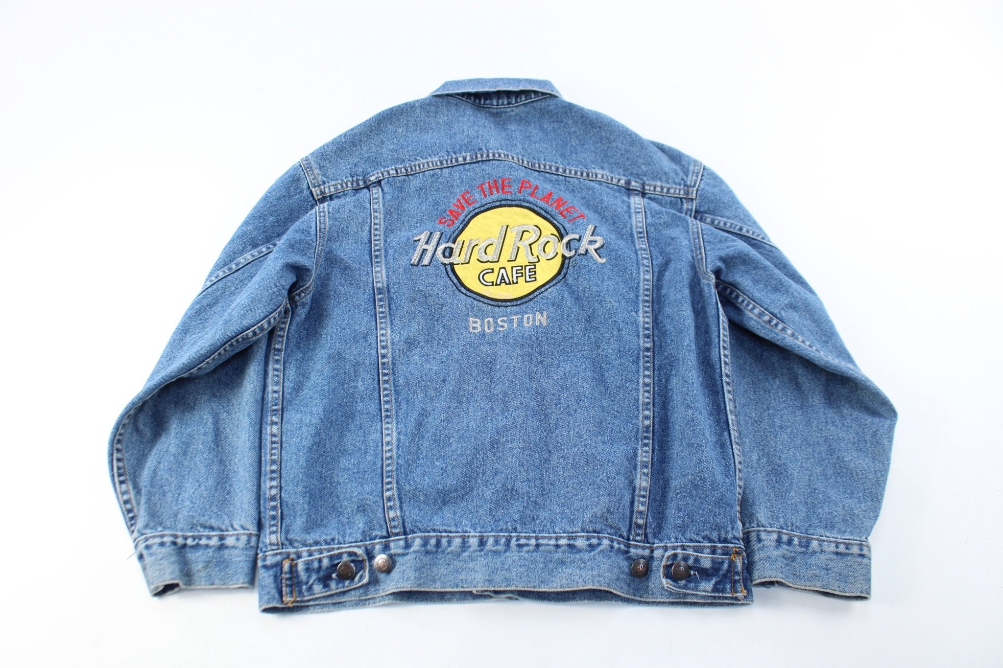 Hard Rock Cafe Boston Embroidered Denim Jacket - ThriftedThreads.com