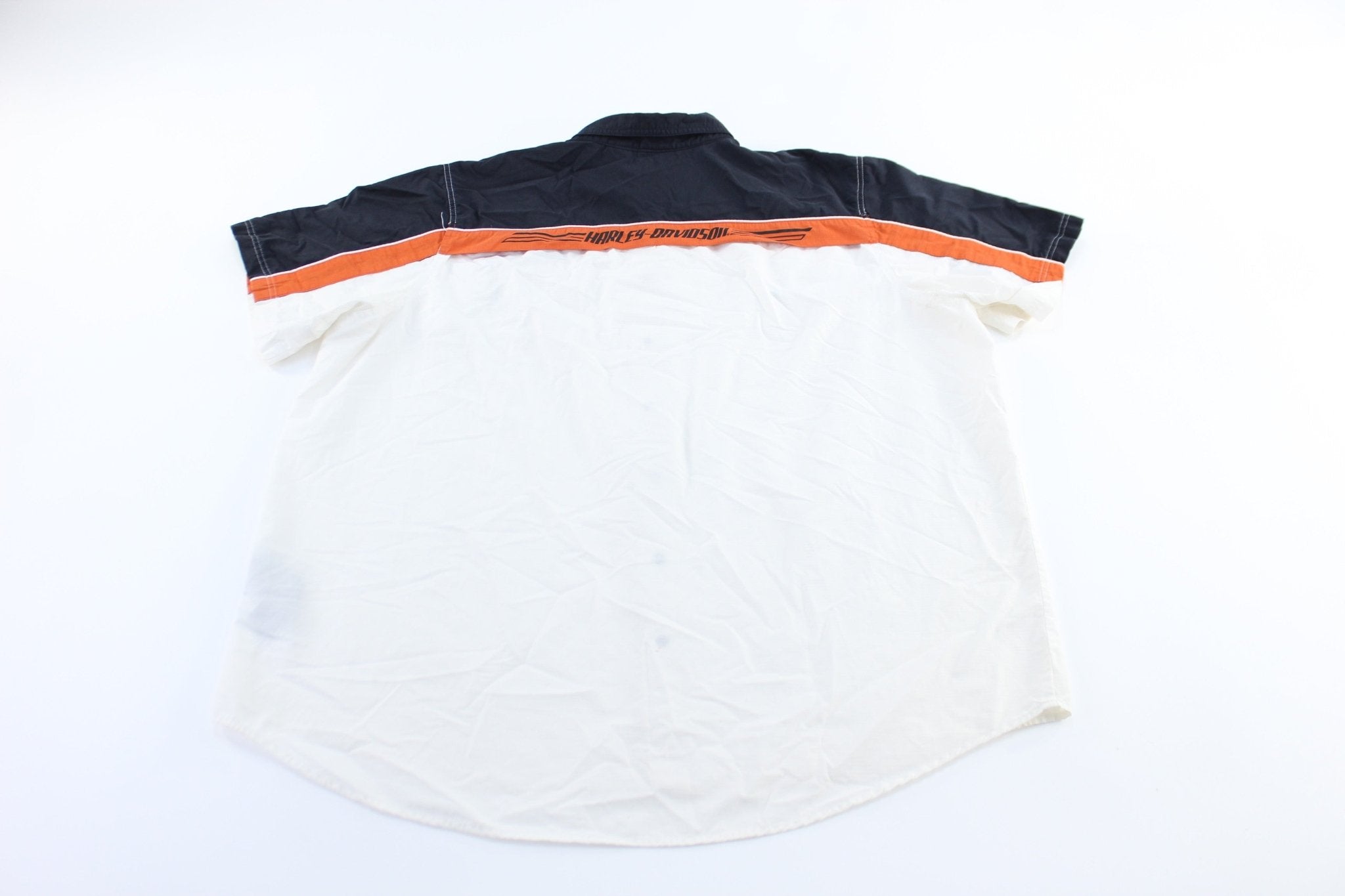 Harley Davidson Motorcycles Black, Orange, & White Button Down Shirt - ThriftedThreads.com