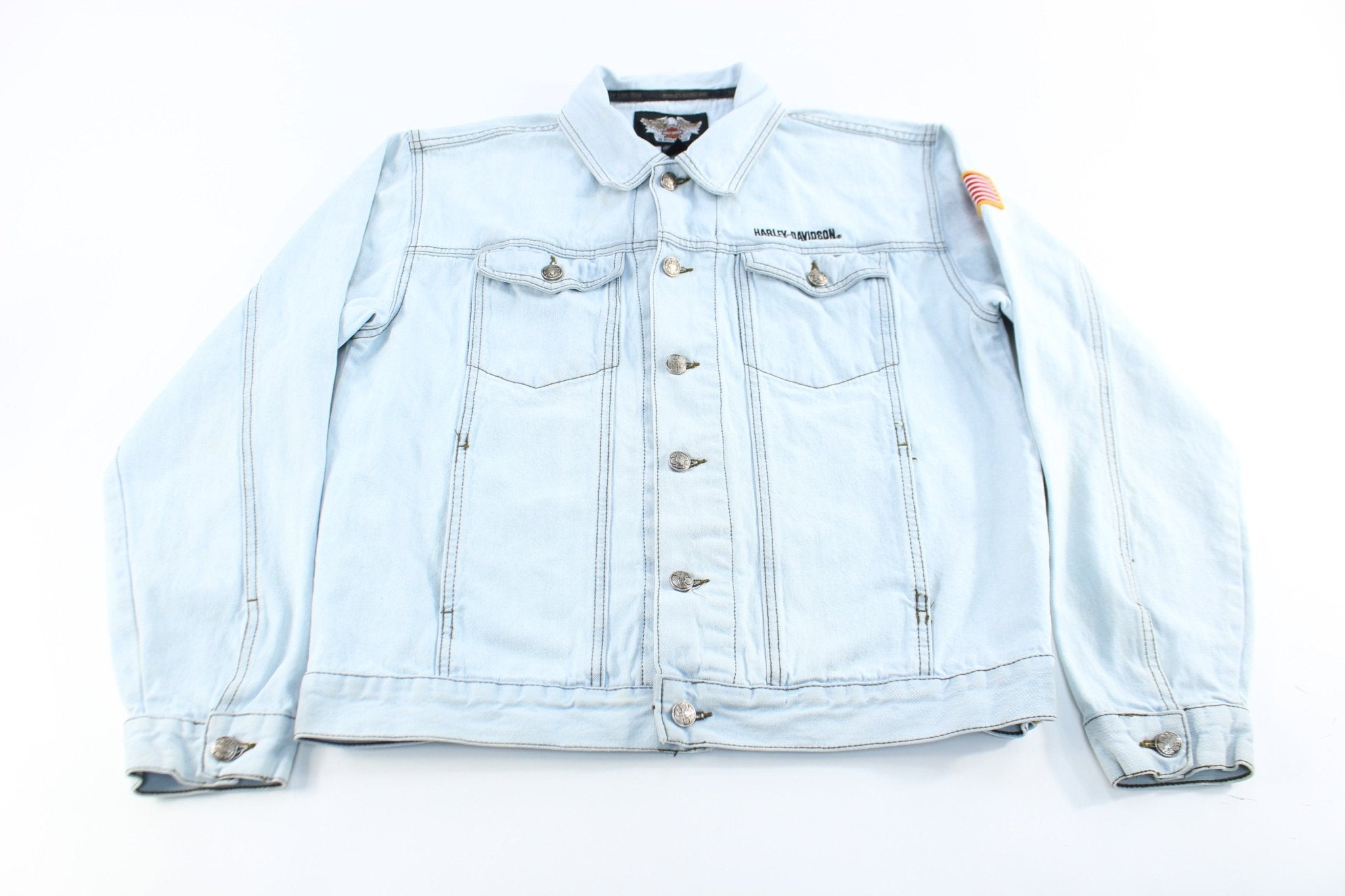 Harley Davidson Motorcycles Embroidered Light Wash Denim Jacket - ThriftedThreads.com