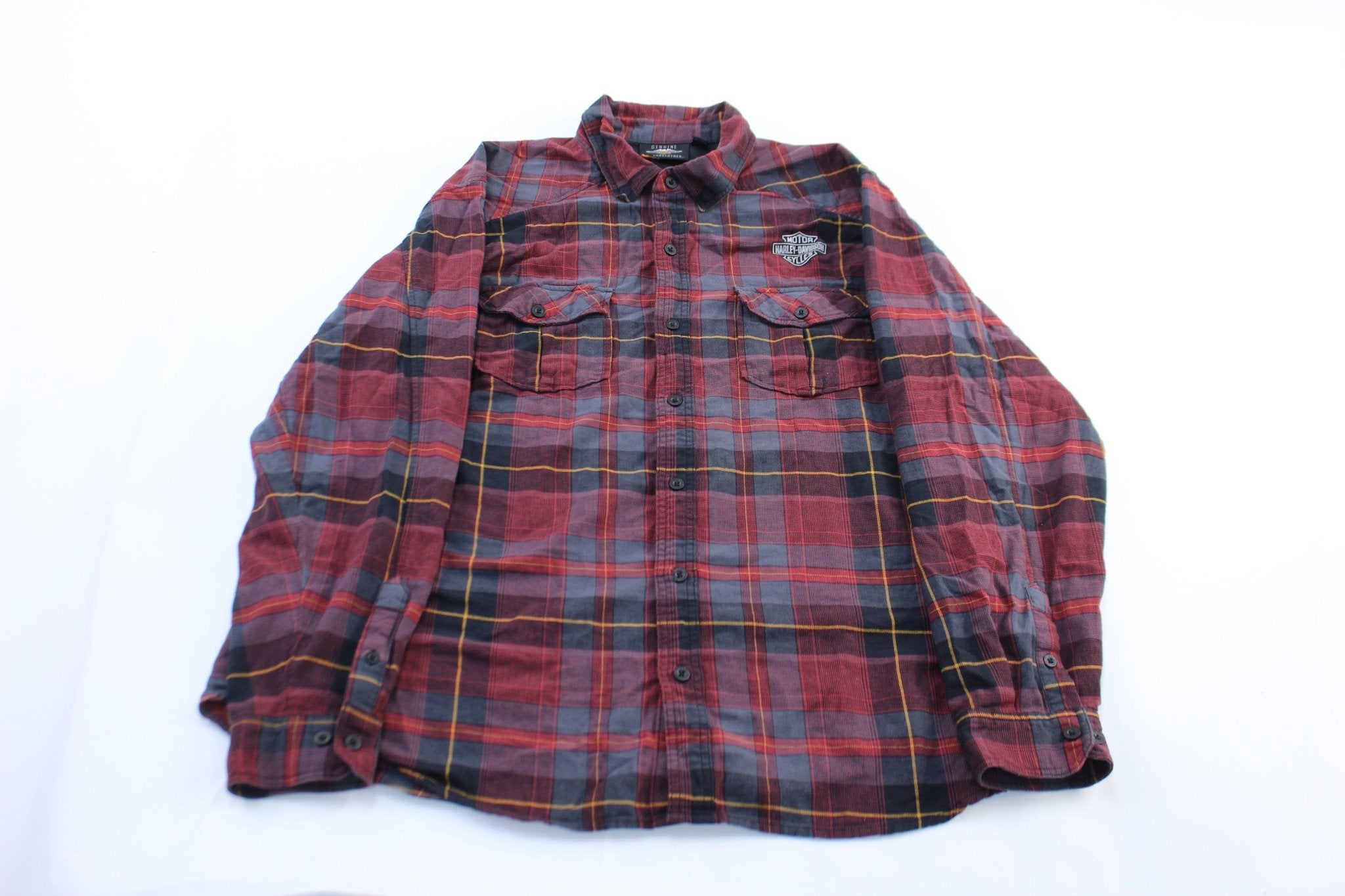 Harley Davidson Motorcycles Red & Black Plaid LS Button Down Shirt - ThriftedThreads.com