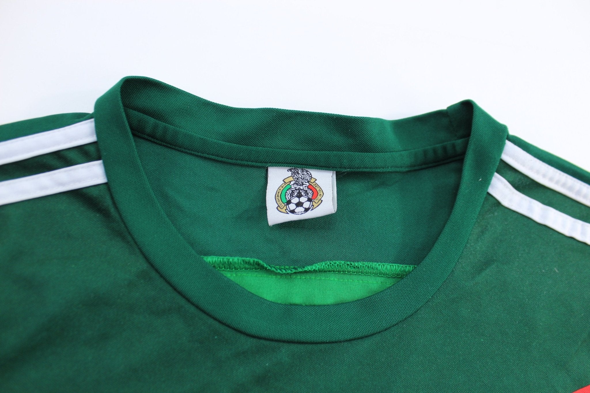 Mexico Embroidered Patch Green & White Striped Soccer Jersey - ThriftedThreads.com