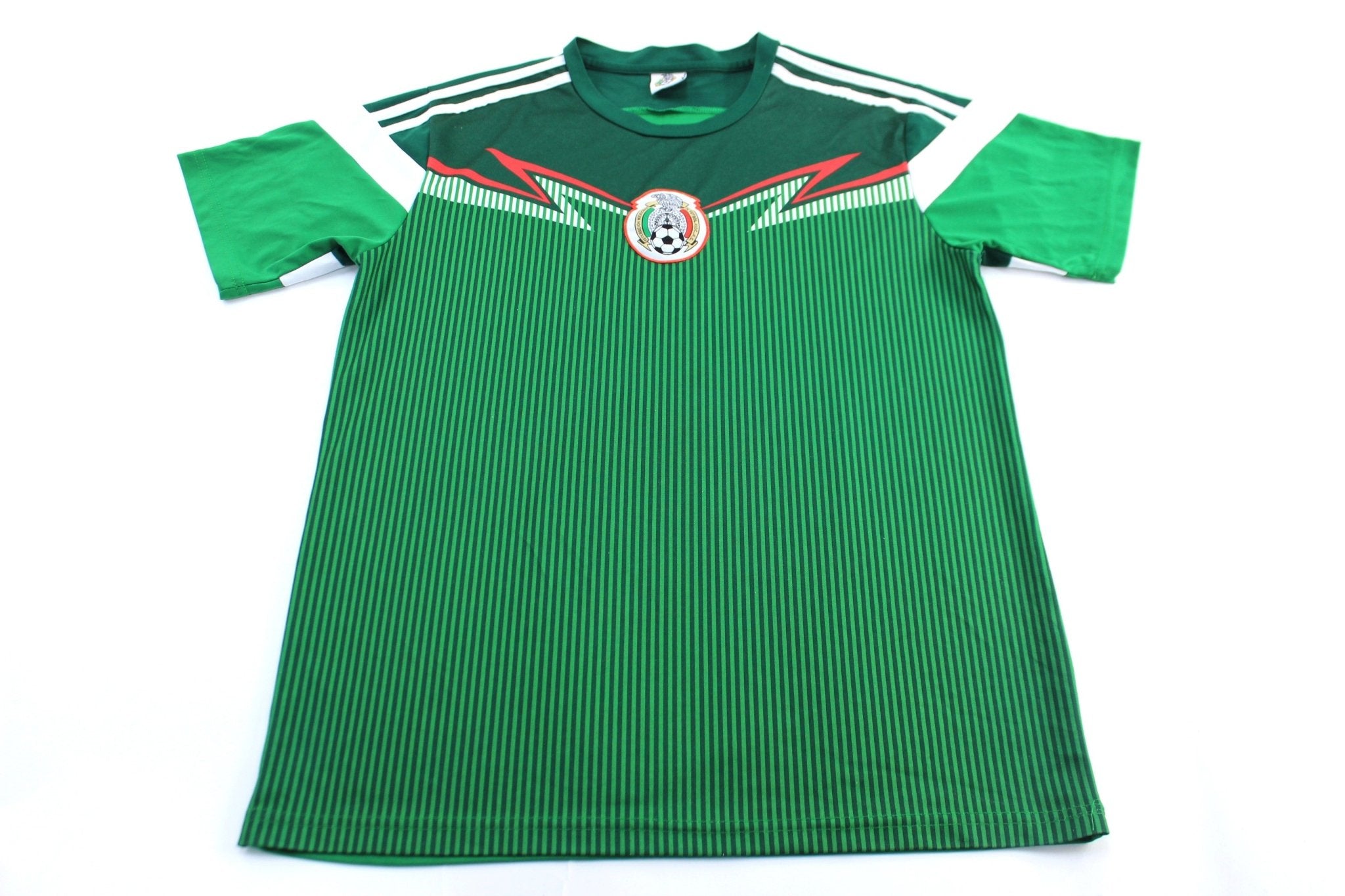 Mexico Embroidered Patch Green & White Striped Soccer Jersey - ThriftedThreads.com