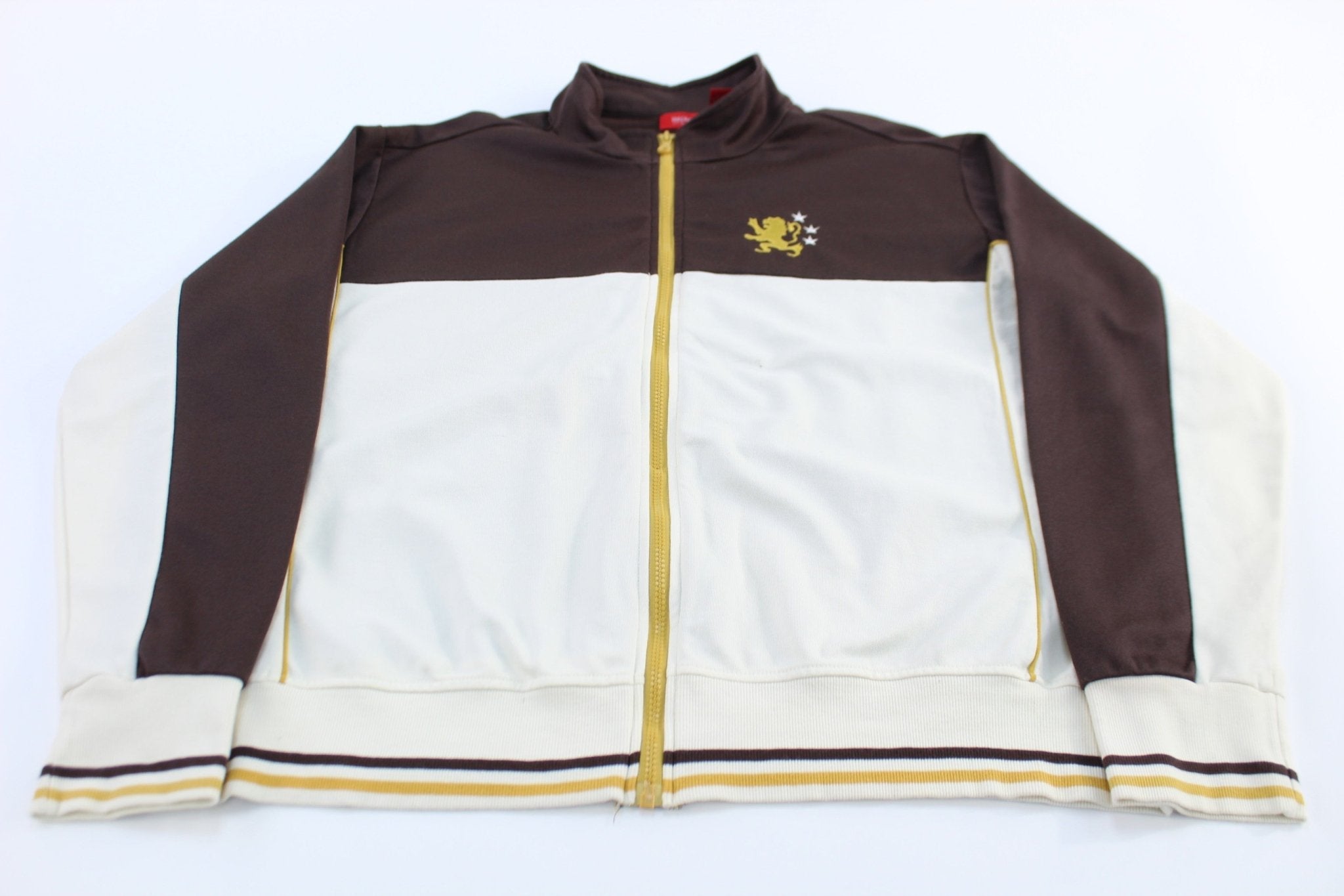 Mossimo Embroidered Logo Brown, Cream, & Yellow Track Jacket - Jackets - Thrifted Threads