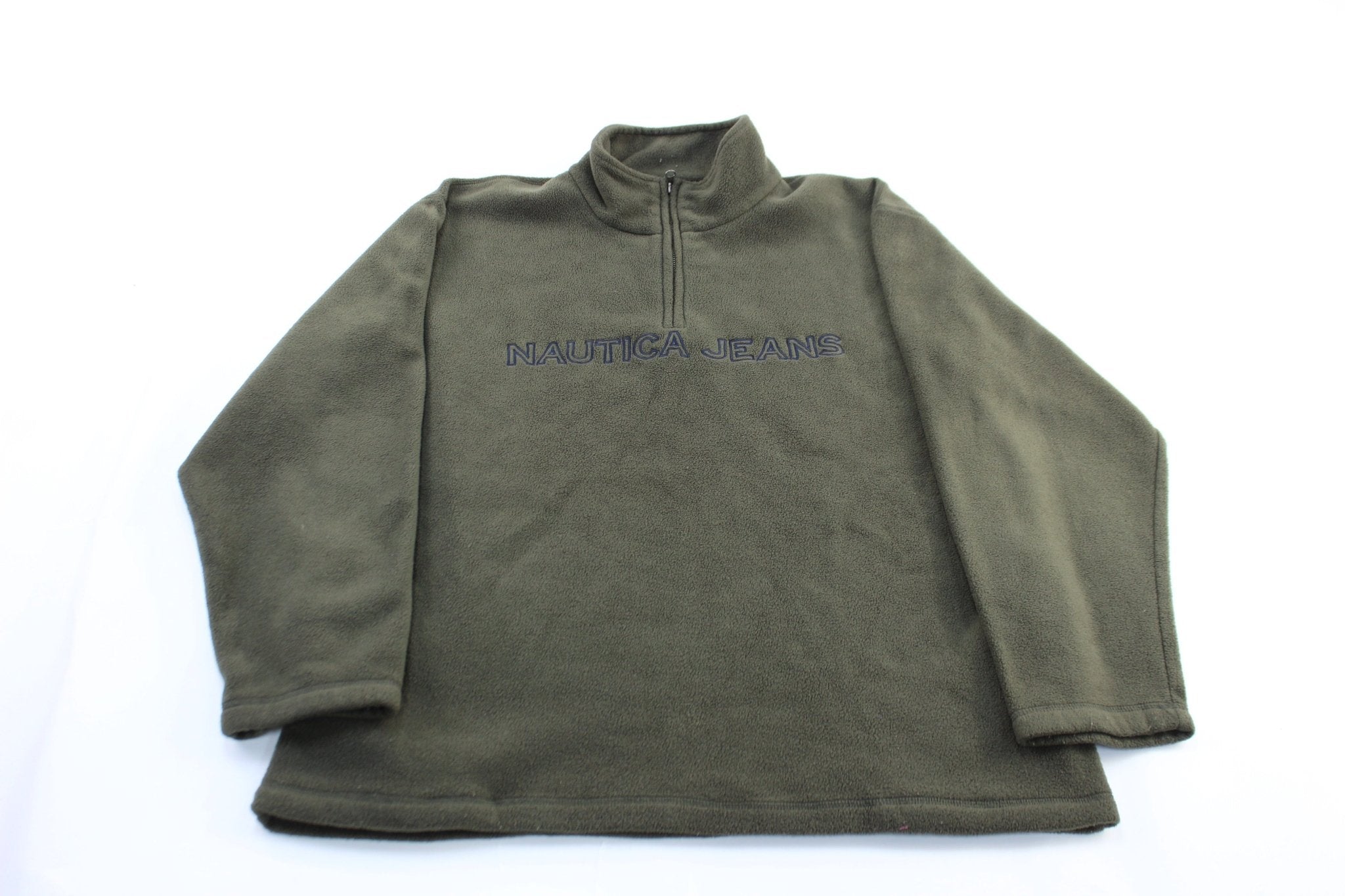 Nautica Jeans Embroidered Green Fleece Half Zip Pullover - ThriftedThreads.com