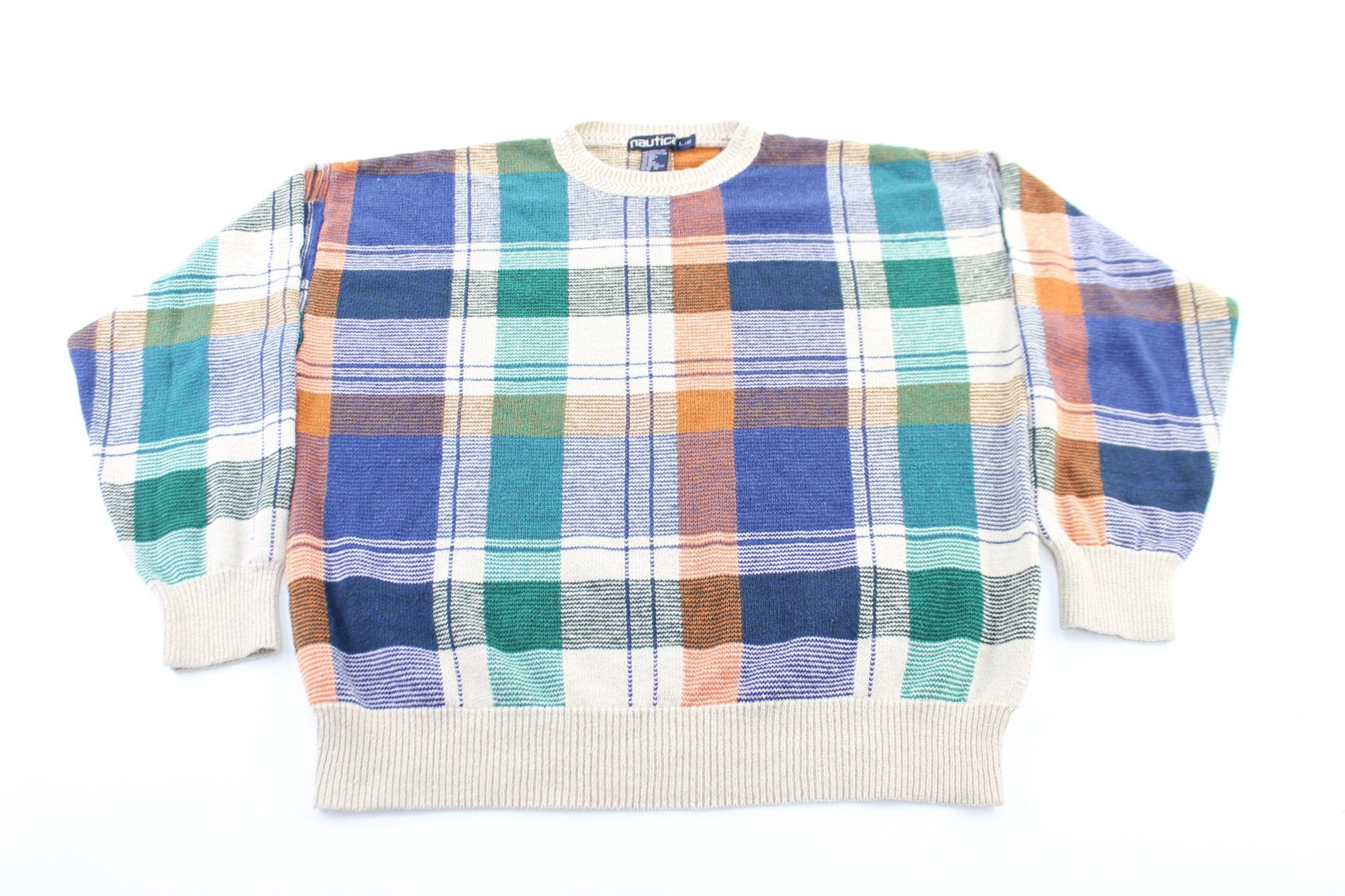 Nautica Plaid Patterned Colorblock Sweater - ThriftedThreads.com