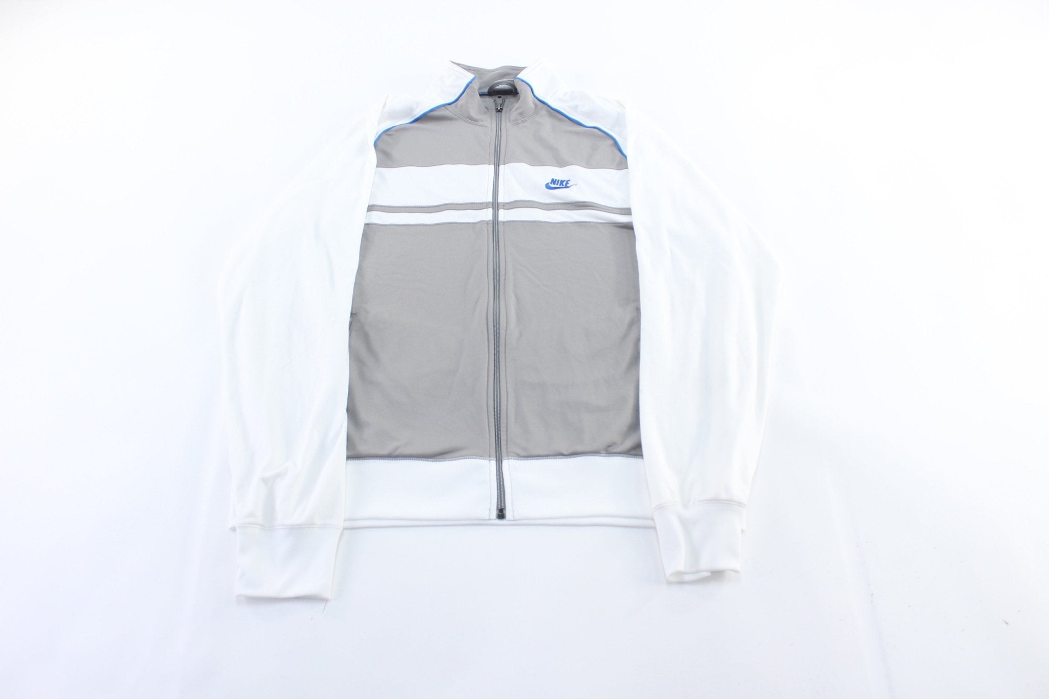 Nike Embroidered Logo Grey, Blue, & White Track Jacket - Jacket - Thrifted Threads