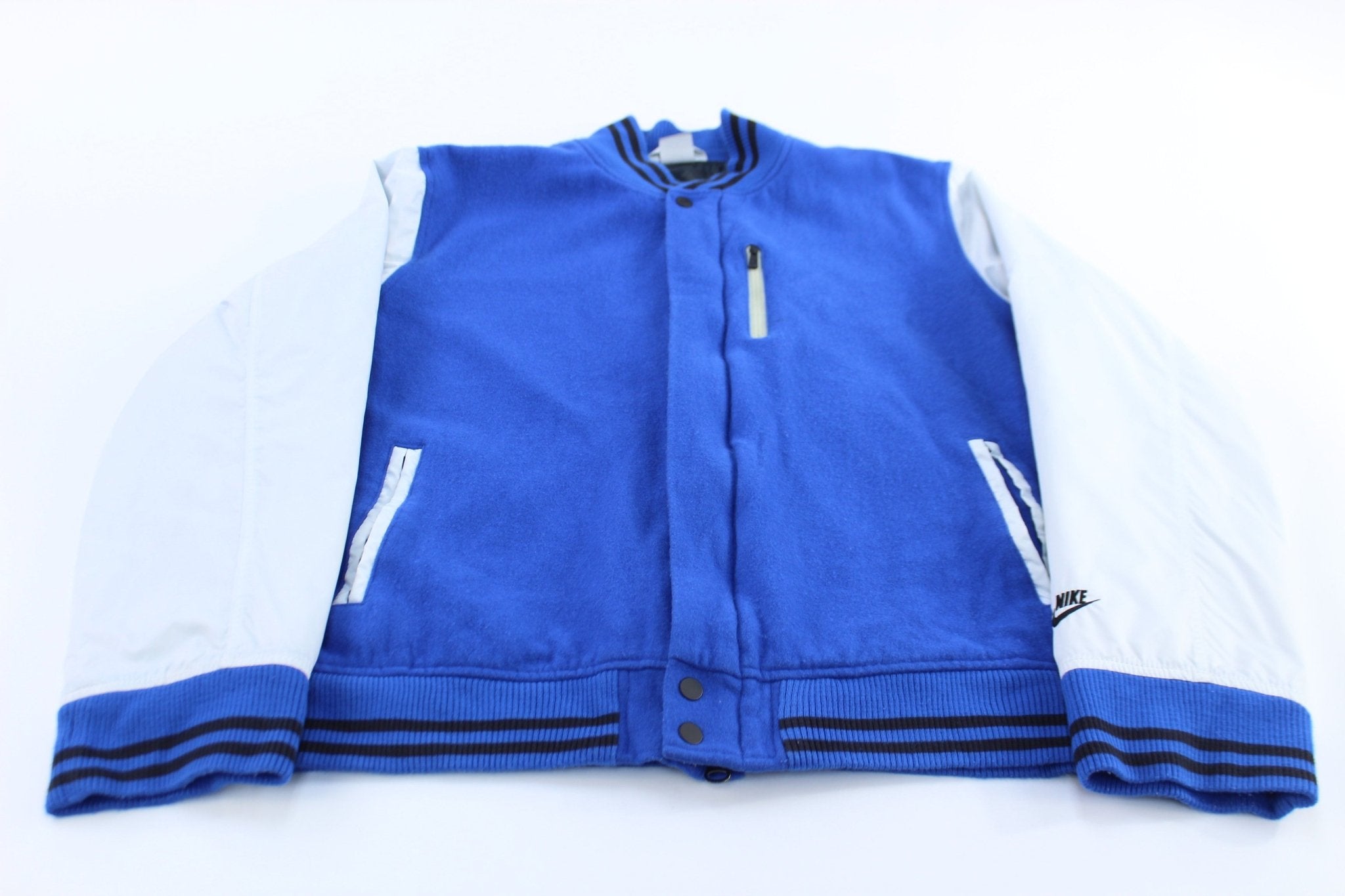 Nike Sportswear Embroidered Logo Blue & Grey Varsity Jacket - ThriftedThreads.com