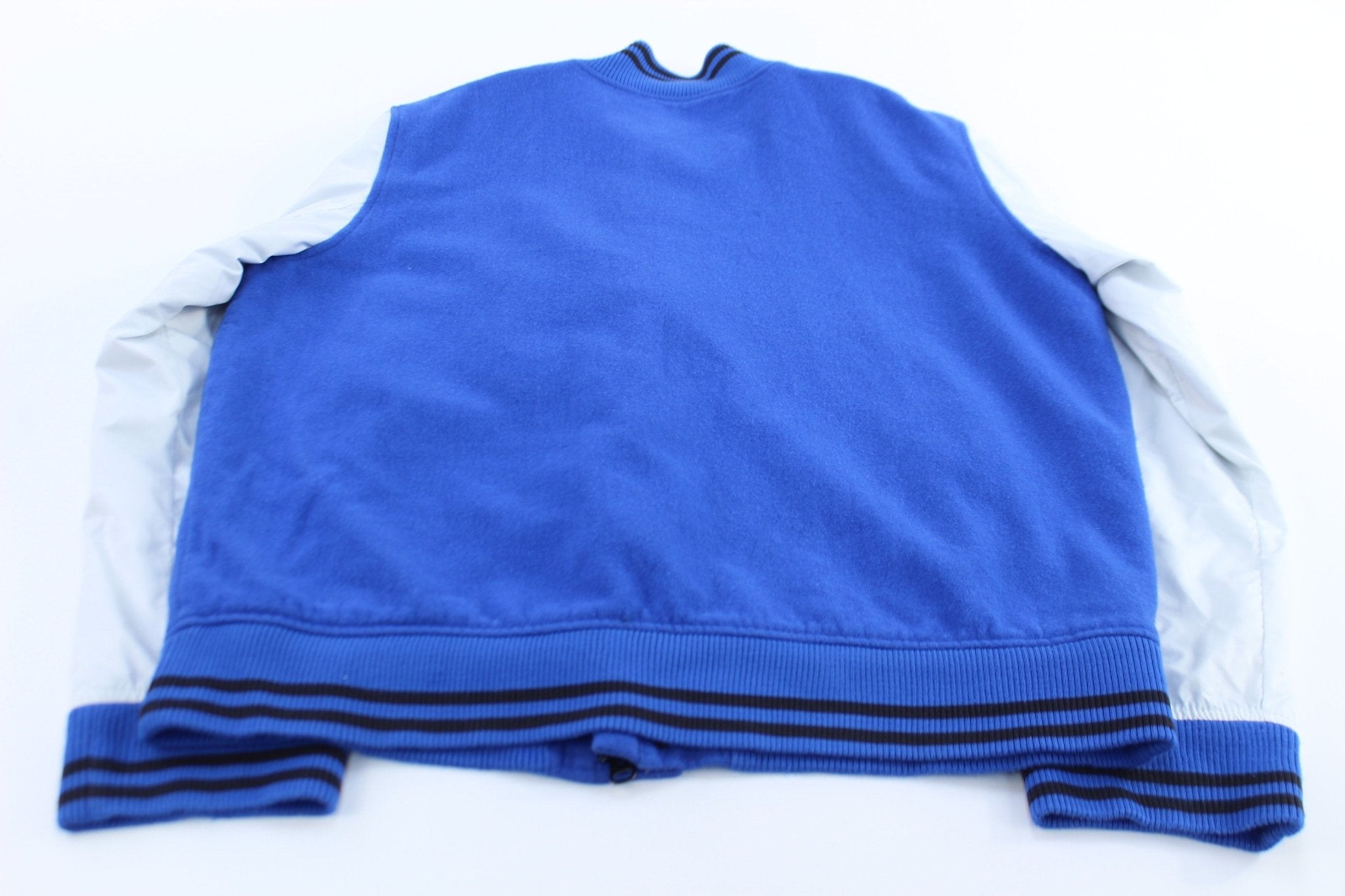 Nike Sportswear Embroidered Logo Blue & Grey Varsity Jacket - ThriftedThreads.com