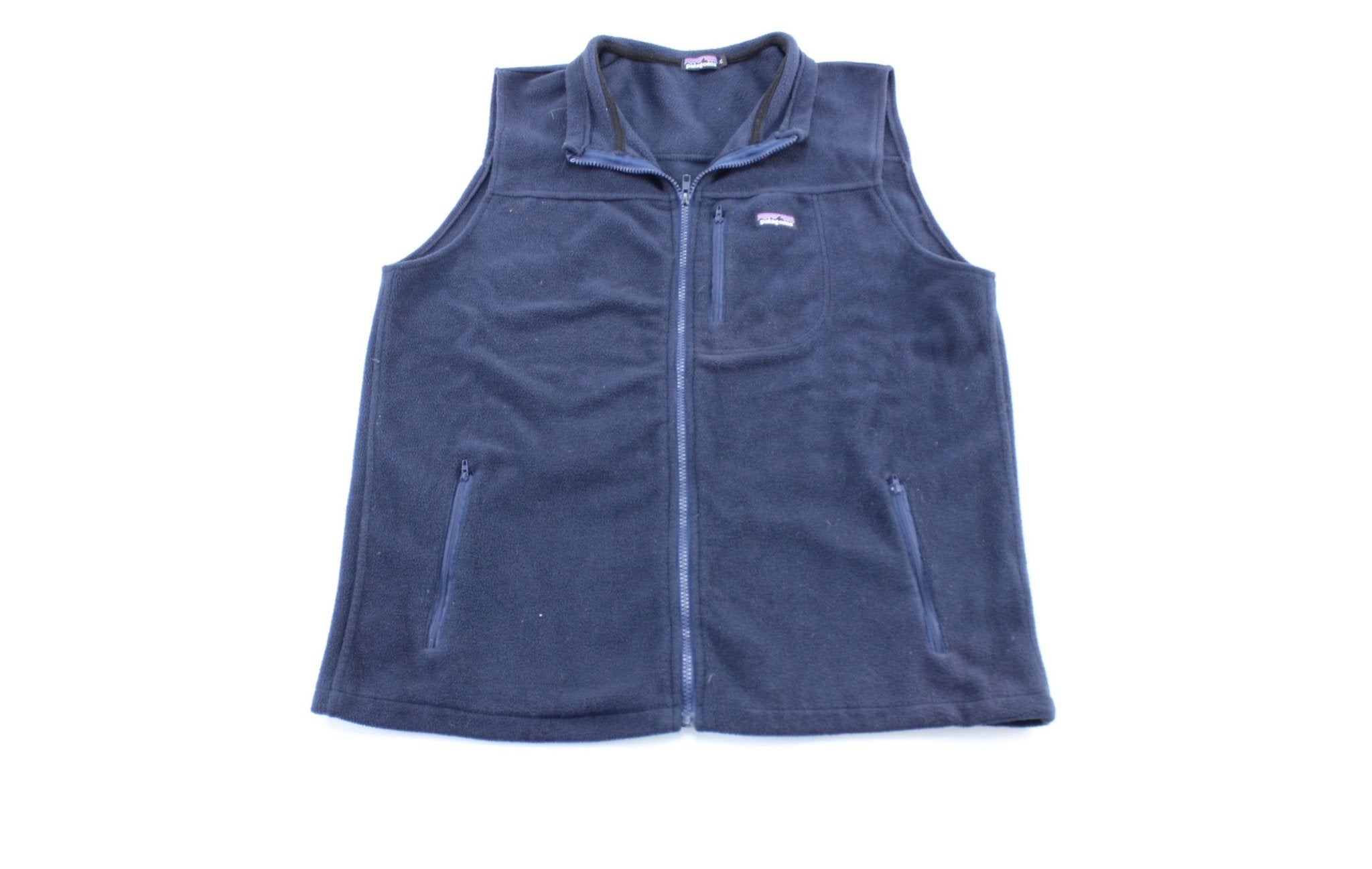 Patagonia Logo Patch Blue Fleece Zip Up Vest - ThriftedThreads.com