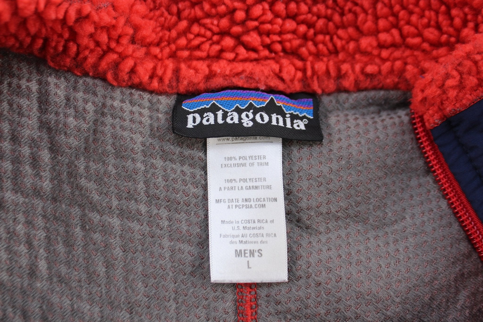 Patagonia Logo Patch Red & Blue Sherpa Zip Up Vest - ThriftedThreads.com