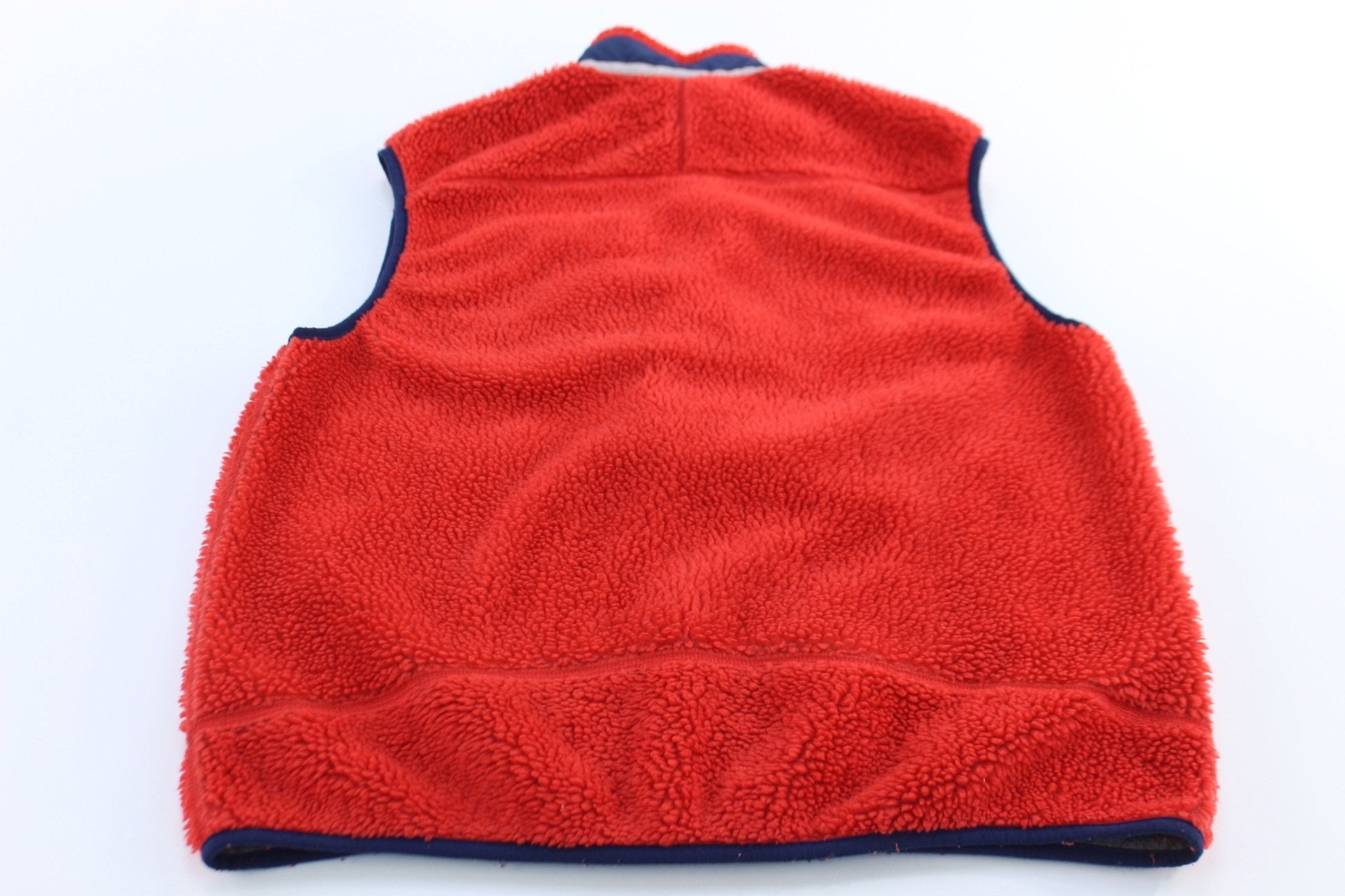 Patagonia Logo Patch Red & Blue Sherpa Zip Up Vest - ThriftedThreads.com