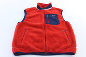 Patagonia Logo Patch Red & Blue Sherpa Zip Up Vest - ThriftedThreads.com