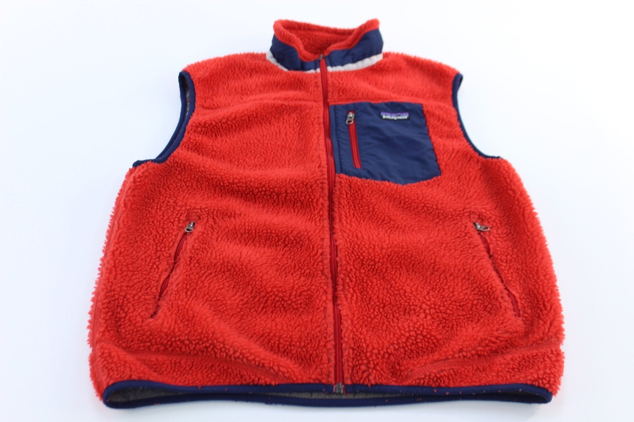 Patagonia Logo Patch Red & Blue Sherpa Zip Up Vest - ThriftedThreads.com