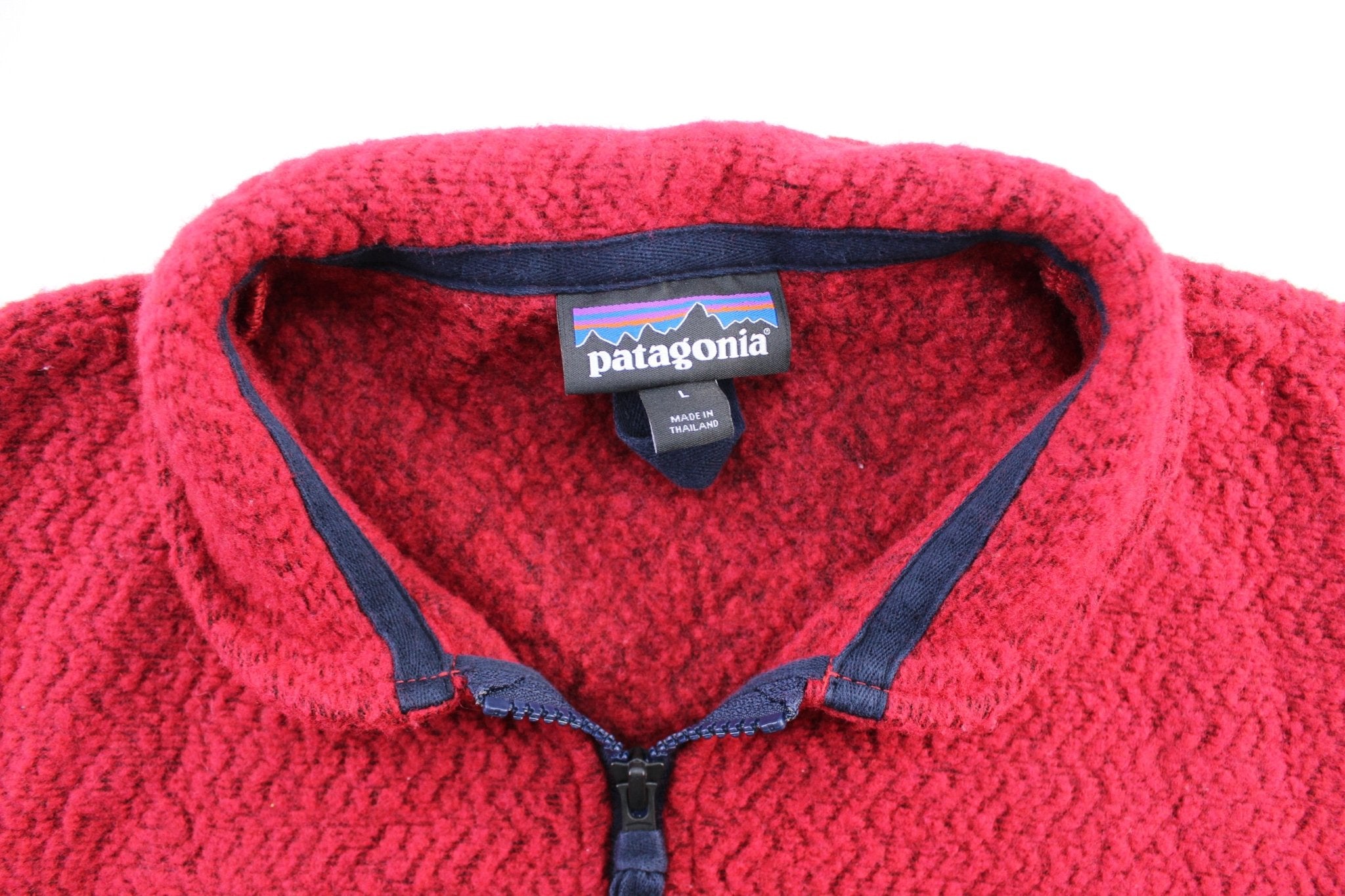 Patagonia Logo Patch Woolyester Fleece Red & Blue Pullover - ThriftedThreads.com