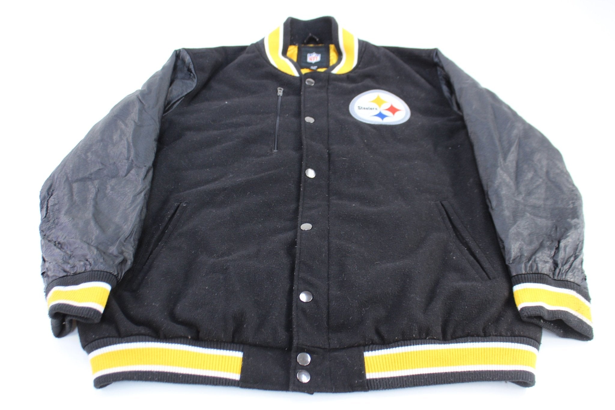 Pittsburgh Steelers Football Embroidered Leather Varsity Jacket - ThriftedThreads.com
