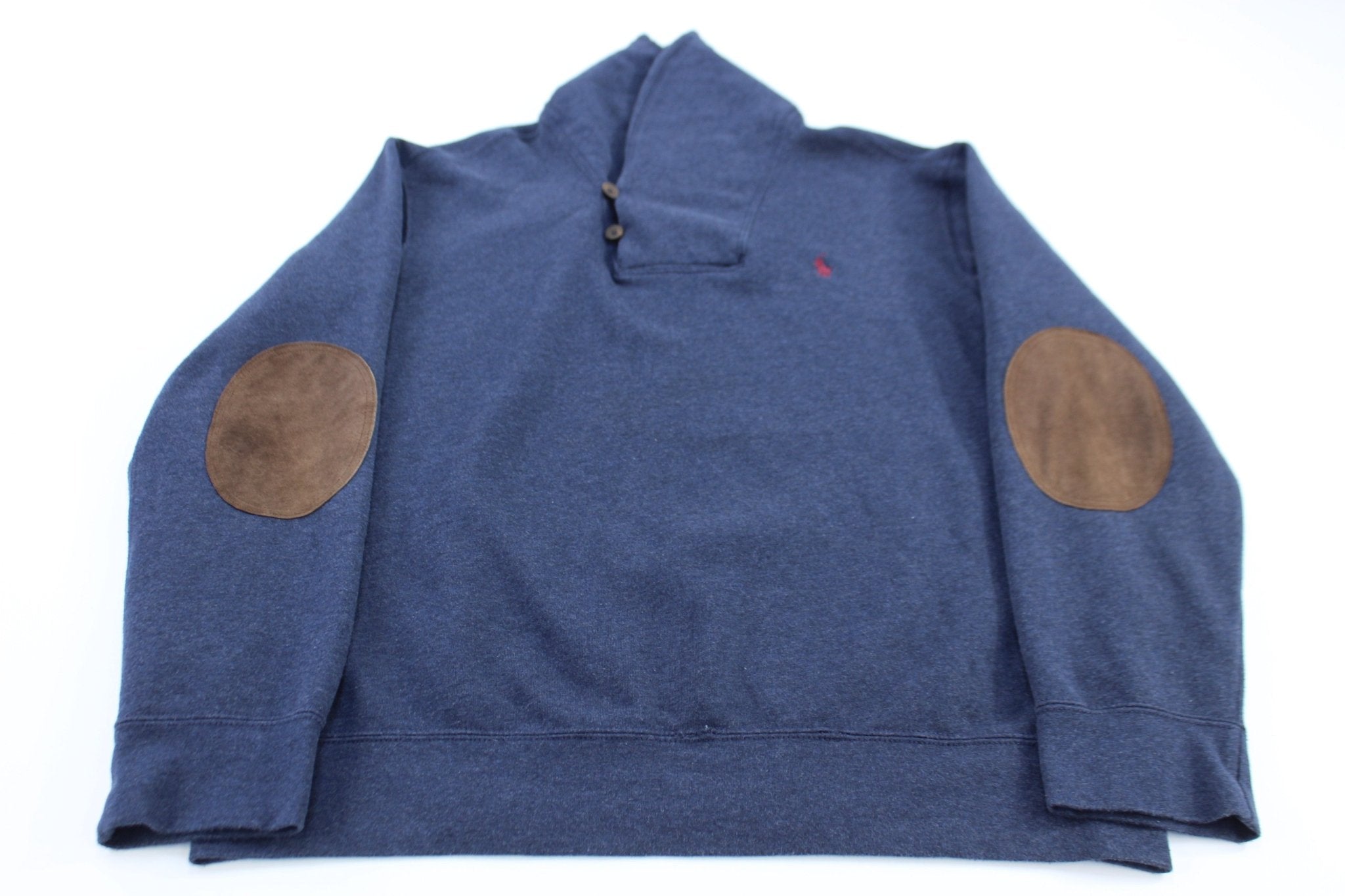 Polo by Ralph Lauren Blue Elbow Patch Pullover Sweater - ThriftedThreads.com