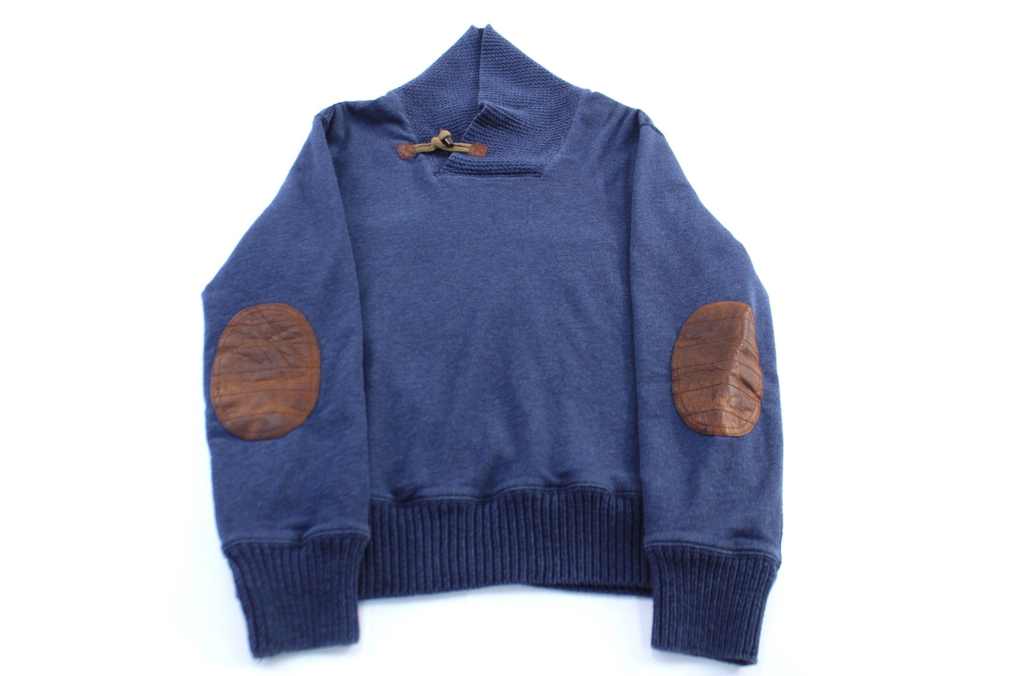 Polo by Ralph Lauren Blue Leather Elbow Patch Pullover Sweater - Sweater - Thrifted Threads