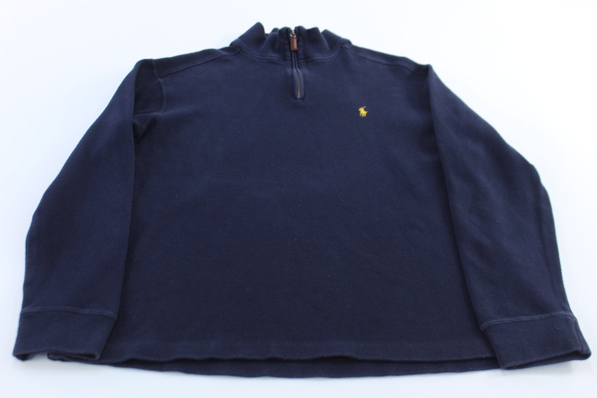 Polo by Ralph Lauren Embroidered Logo Navy Blue Quarter Zip Sweater - ThriftedThreads.com