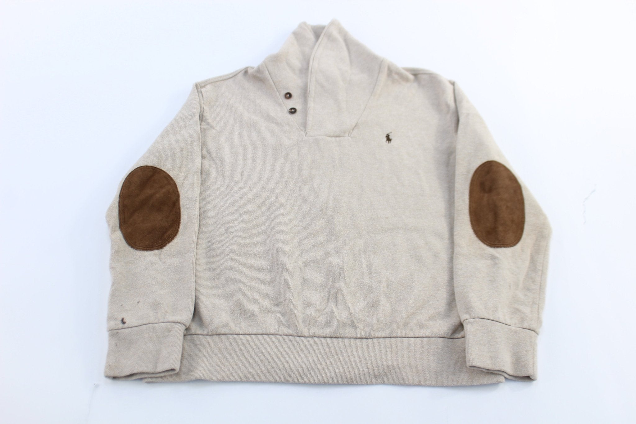 Polo Ralph Lauren Beige Elbow Patch Sweater - ThriftedThreads.com