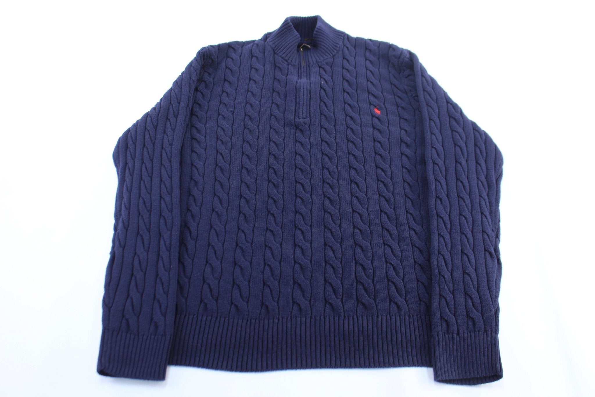 Polo Ralph Lauren Embroidered Logo Blue Cable Knit Sweater - ThriftedThreads.com