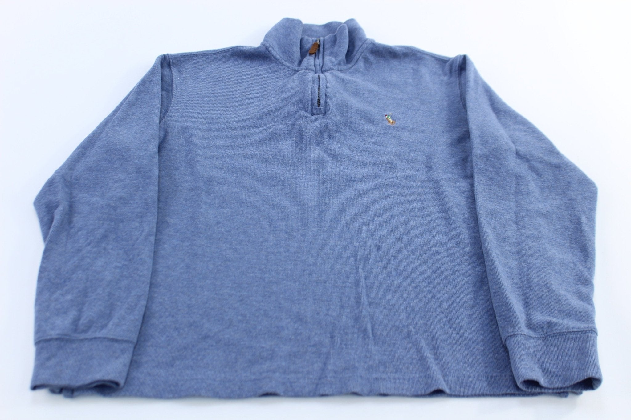 Polo Ralph Lauren Embroidered Logo Blue Quarter Zip Sweater - ThriftedThreads.com