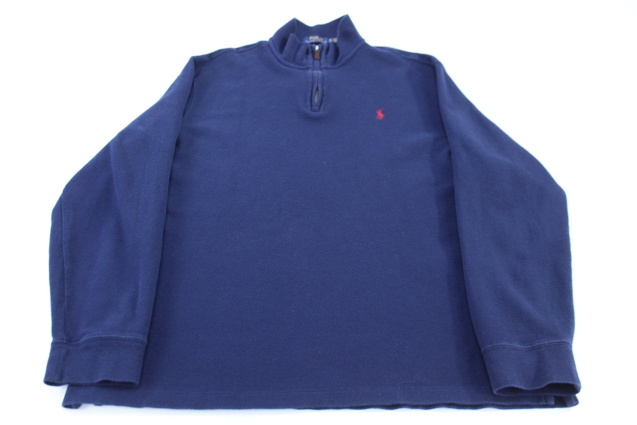 Polo Ralph Lauren Embroidered Logo Blue Quarter Zip Sweater - ThriftedThreads.com