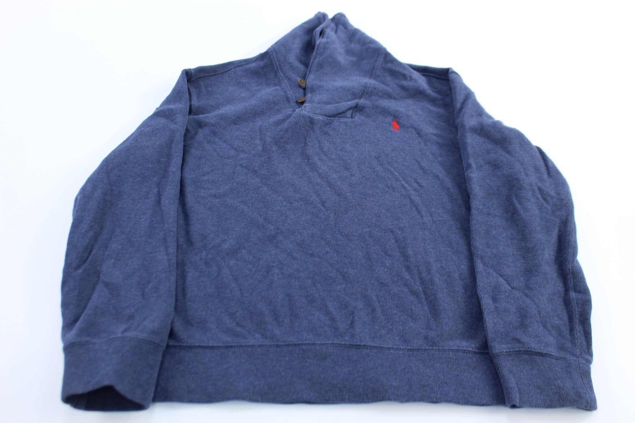 Polo Ralph Lauren Embroidered Logo Blue Shawl Sweater - Sweater - Thrifted Threads