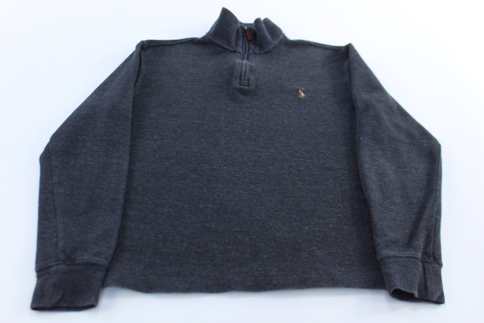 Polo Ralph Lauren Embroidered Logo Dark Grey Quarter Zip Sweater - ThriftedThreads.com