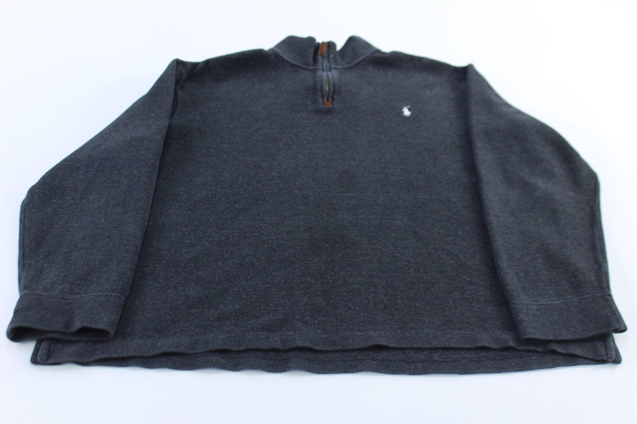 Polo Ralph Lauren Embroidered Logo Dark Grey Quarter Zip Sweater - ThriftedThreads.com