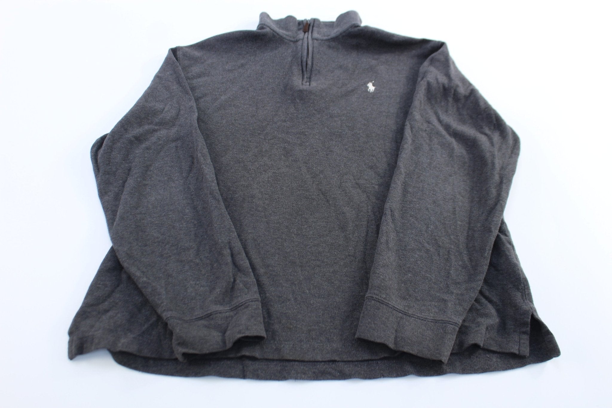 Polo Ralph Lauren Embroidered Logo Dark Grey Quarter Zip Sweater - ThriftedThreads.com