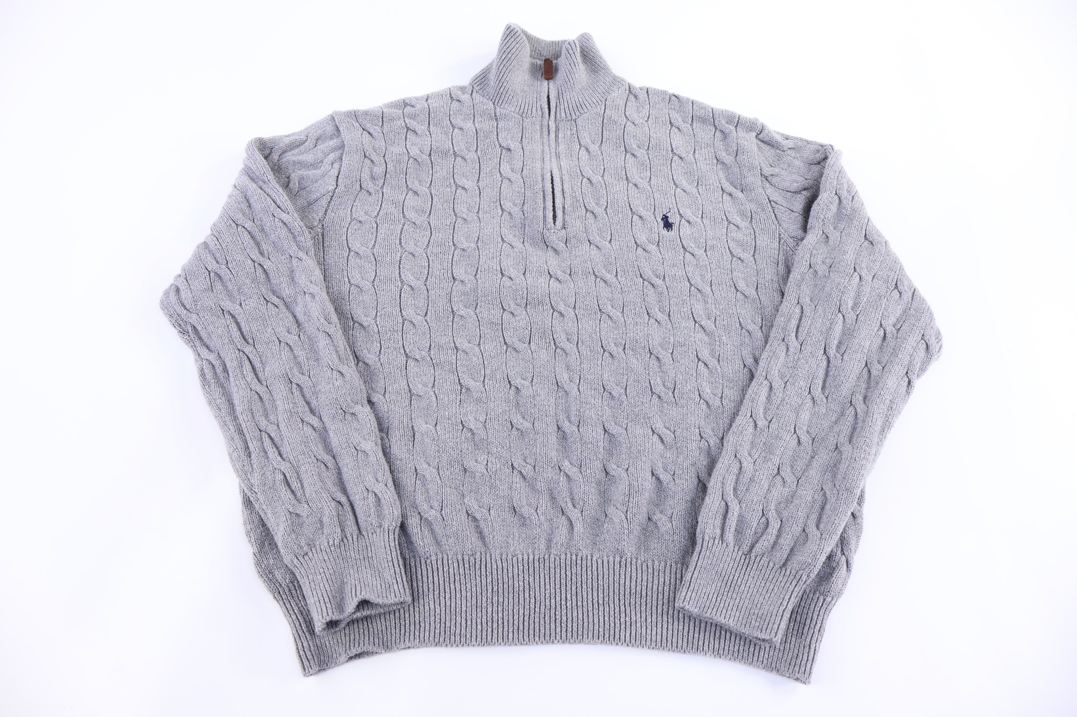 Polo Ralph Lauren Embroidered Logo Grey Cable Knit Sweater - Sweater - Thrifted Threads