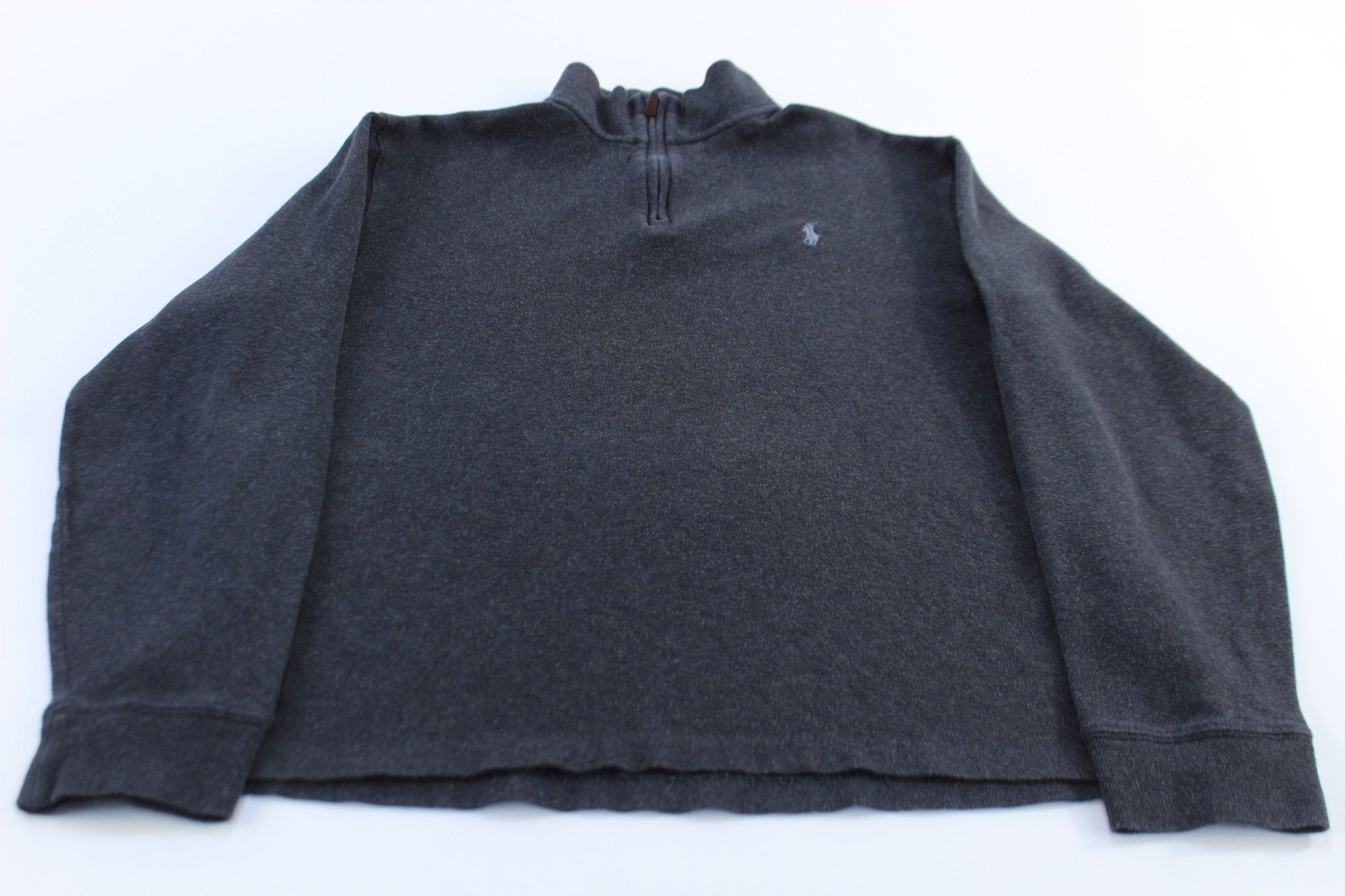 Polo Ralph Lauren Embroidered Logo Grey Quarter Zip Sweater - ThriftedThreads.com