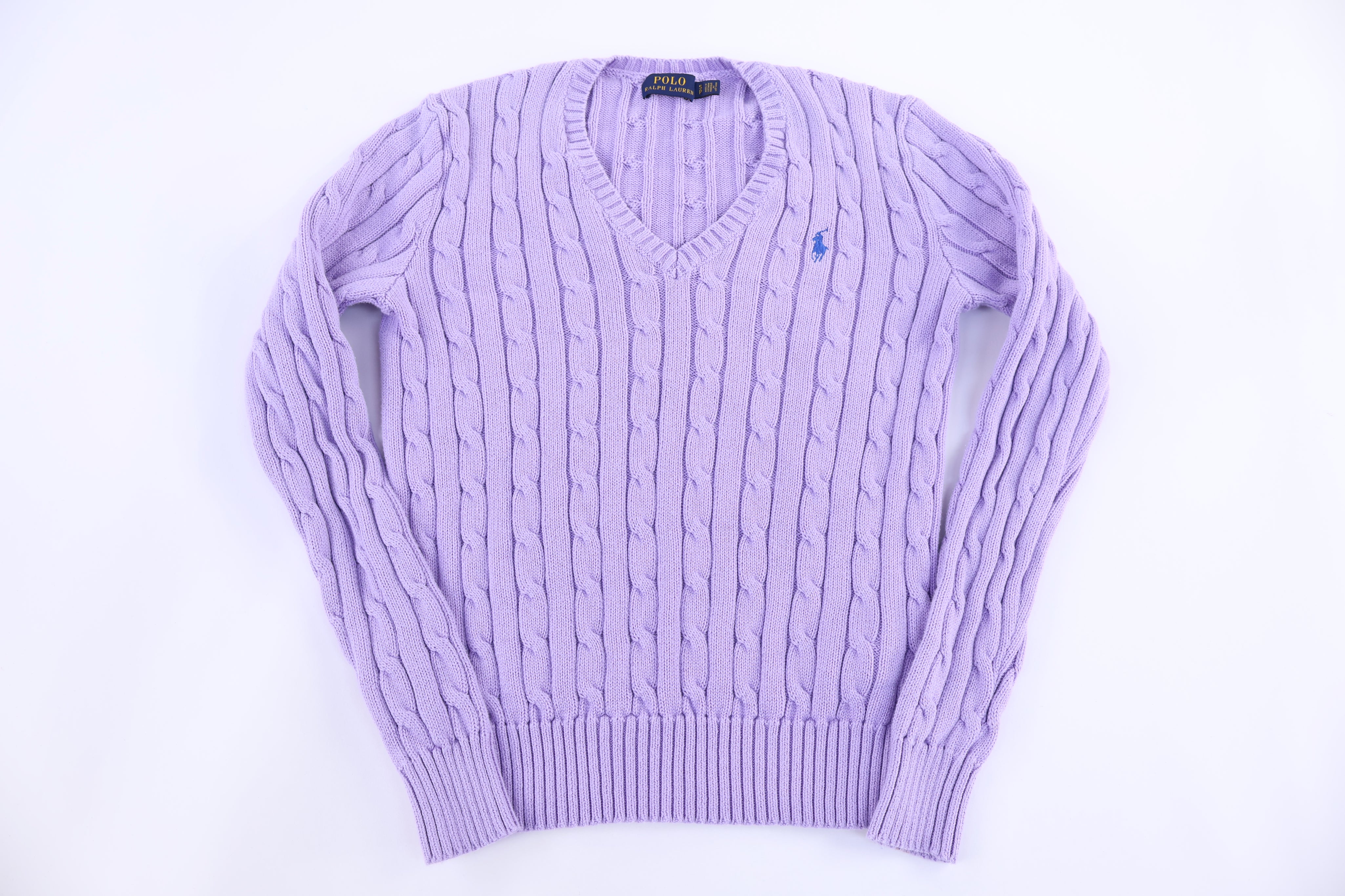 Polo Ralph Lauren Embroidered Logo Purple Cableknit Sweater - Sweater - Thrifted Threads