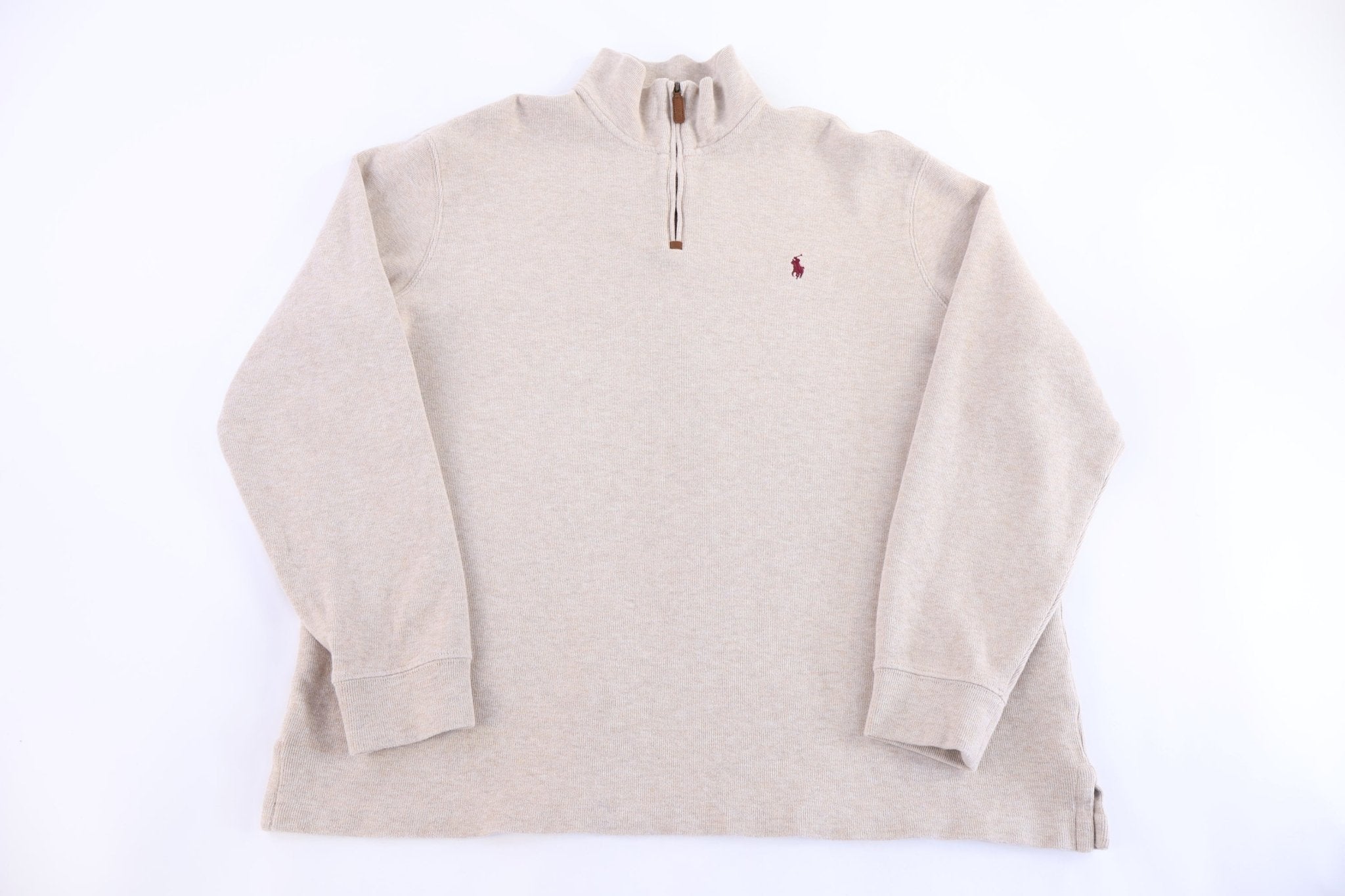 Polo Ralph Lauren Embroidered Logo Tan Embroidered Logo Quarter Zip Pullover - Sweater - Thrifted Threads