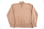 Polo Ralph Lauren Embroidered Logo Tan Henley Sweater - Sweater - Thrifted Threads