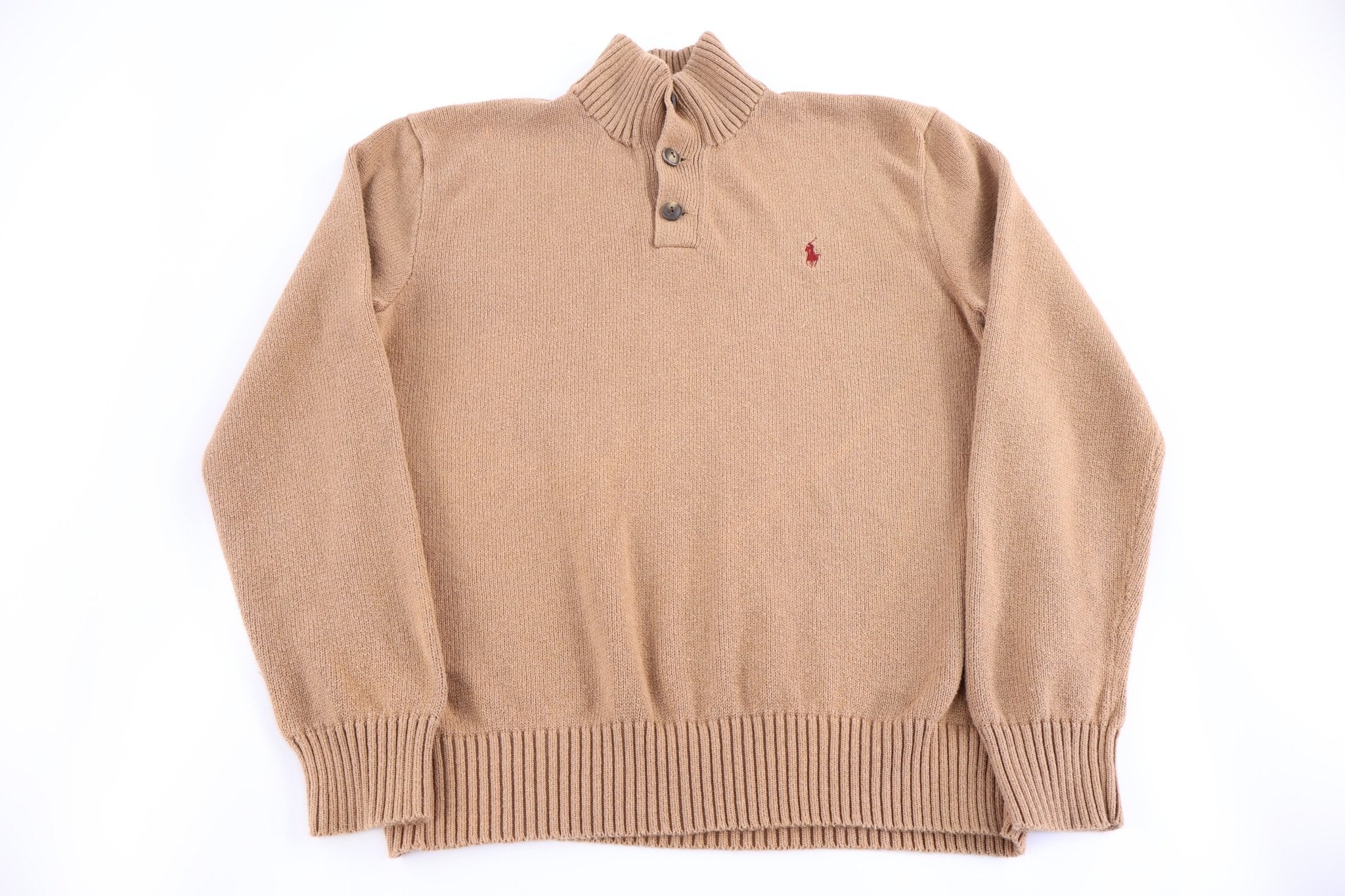 Polo Ralph Lauren Embroidered Logo Tan Henley Sweater - Sweater - Thrifted Threads