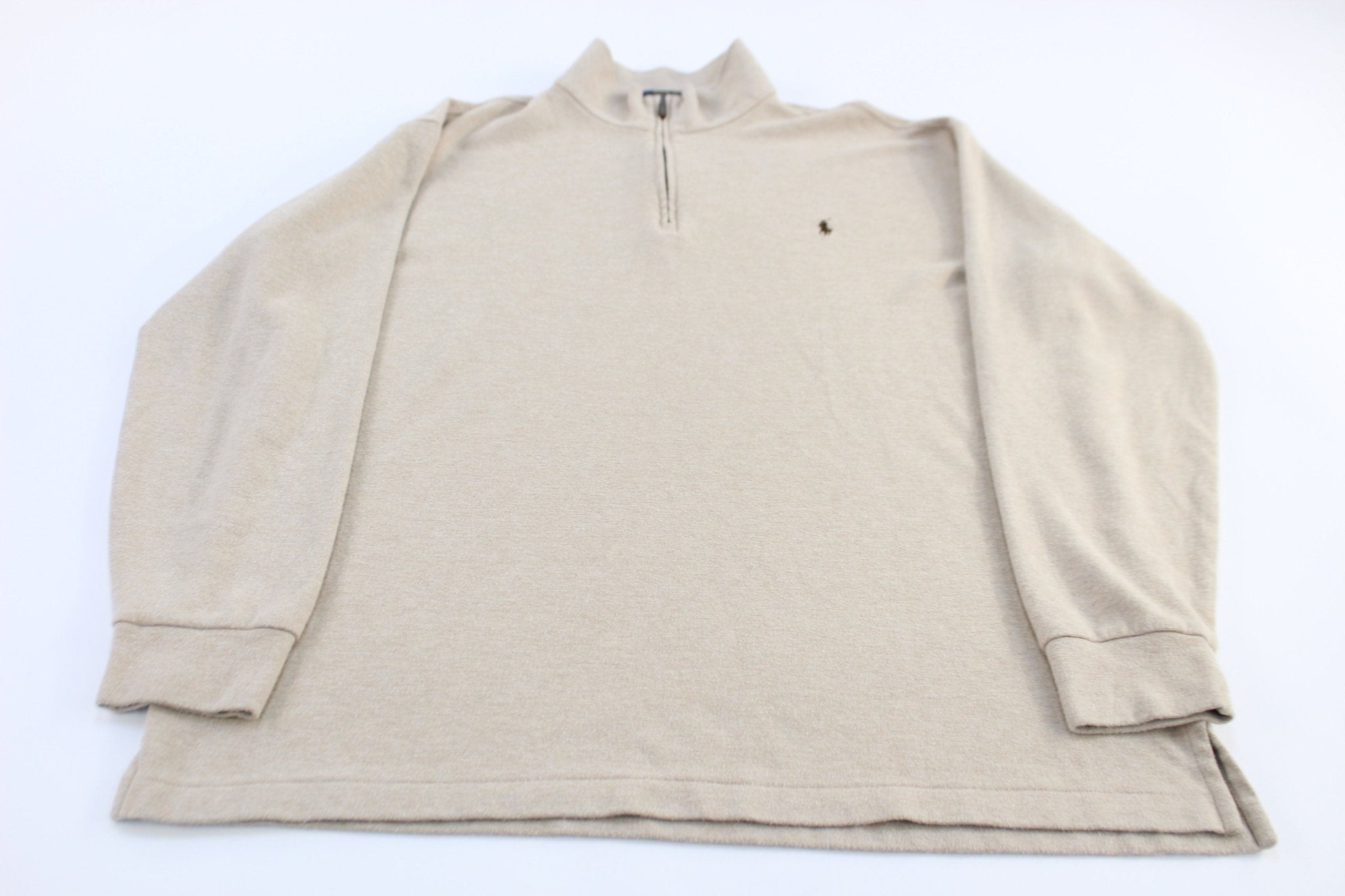 Polo Ralph Lauren Embroidered Logo Tan Quarter Zip Sweater - Sweater - Thrifted Threads