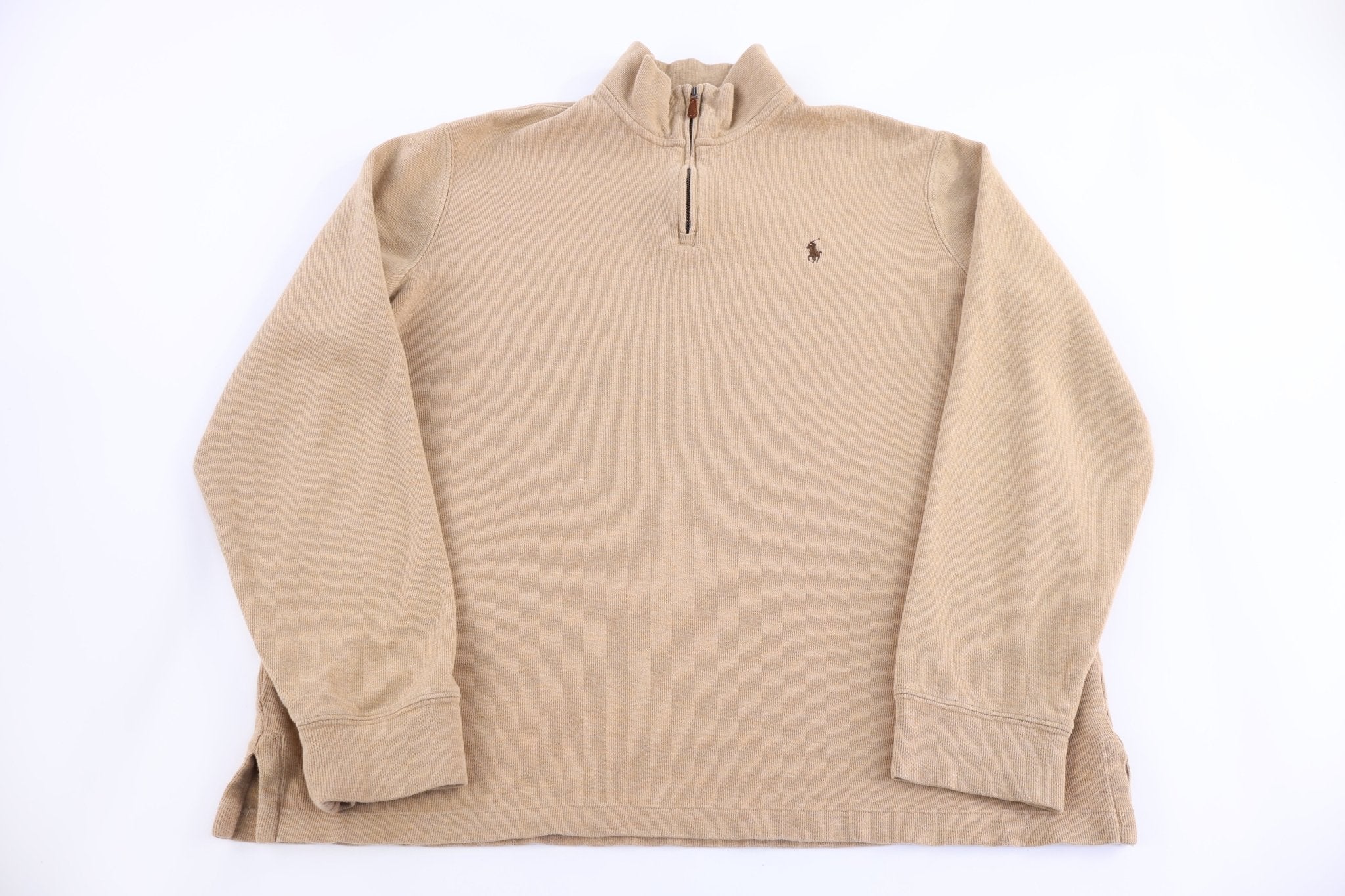 Polo Ralph Lauren Embroidered Logo Tan Quarter Zip Sweater - Sweater - Thrifted Threads