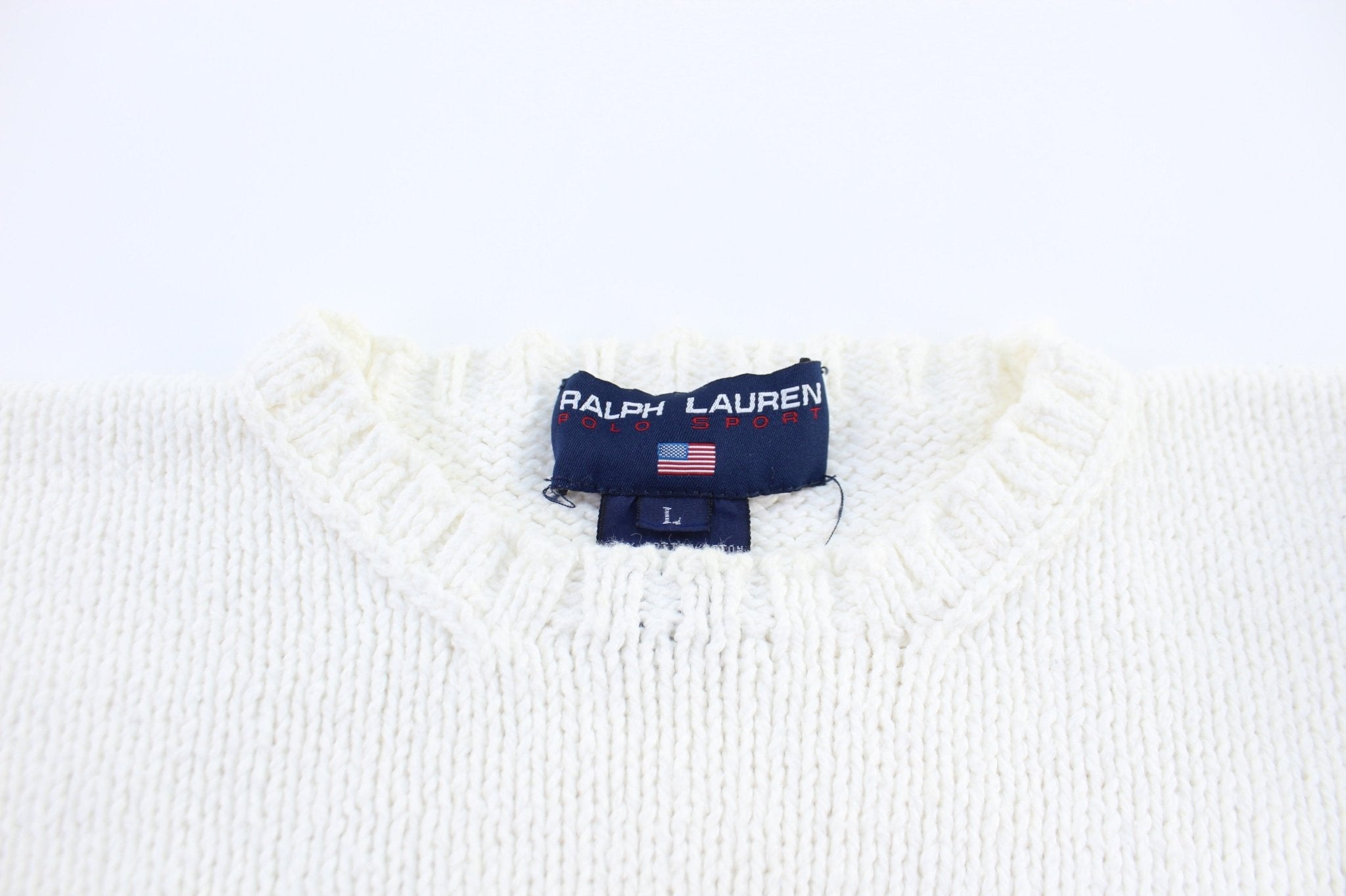 Ralph Lauren Polo Sport USA Flag White Knit Sweater - ThriftedThreads.com