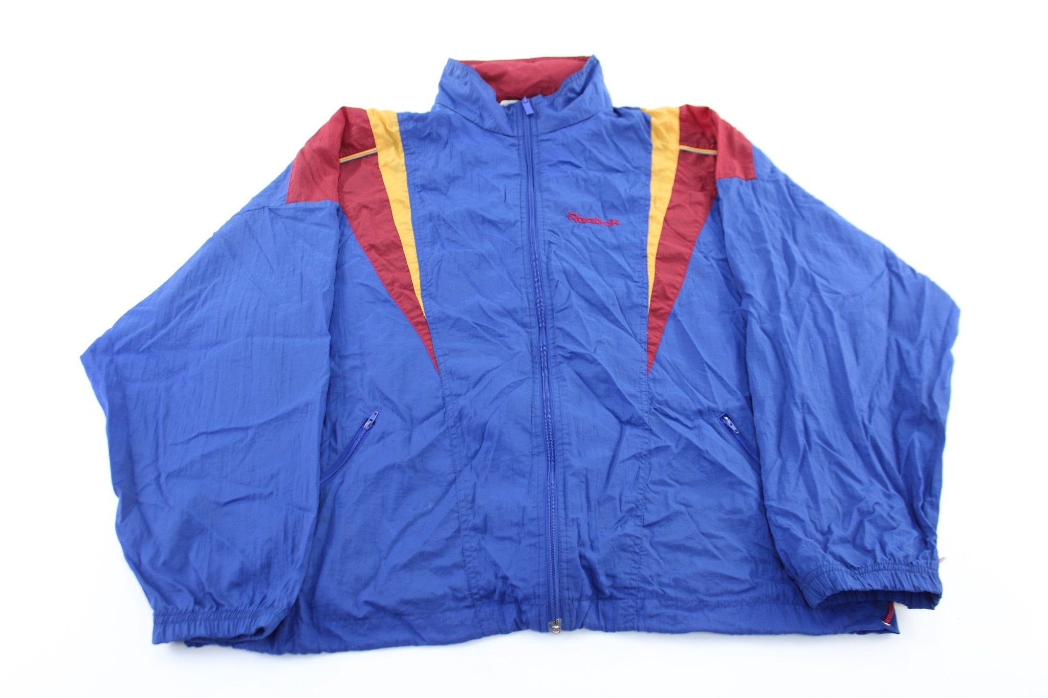 Reebok Embroidered Logo Blue, Yellow, & Burgundy Zip Up Jacket - ThriftedThreads.com