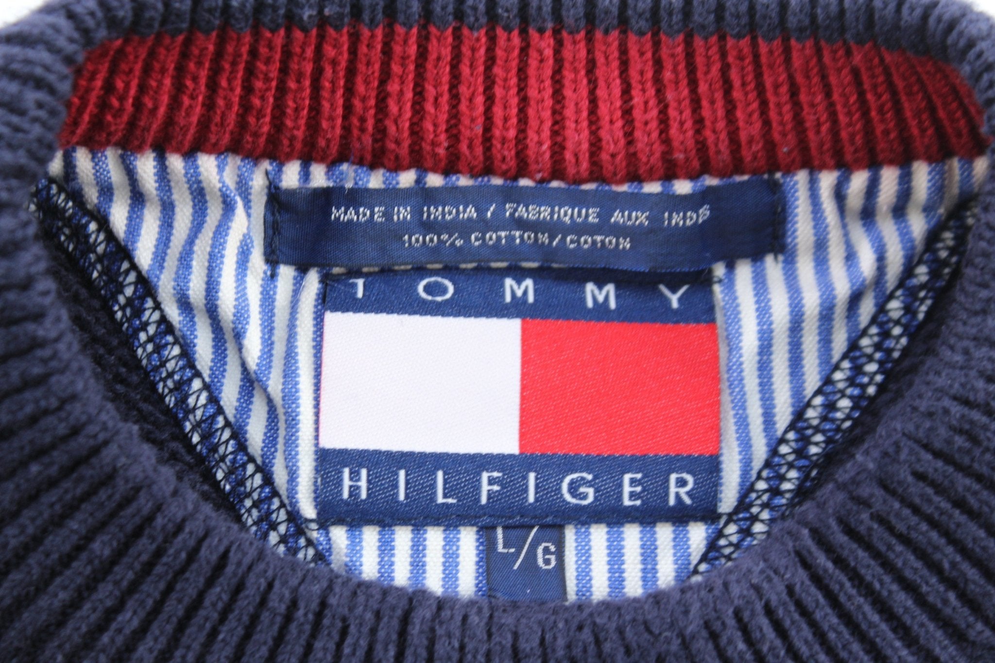 Tommy Hilfiger Embroidered Logo Blue Knit Sweater - ThriftedThreads.com